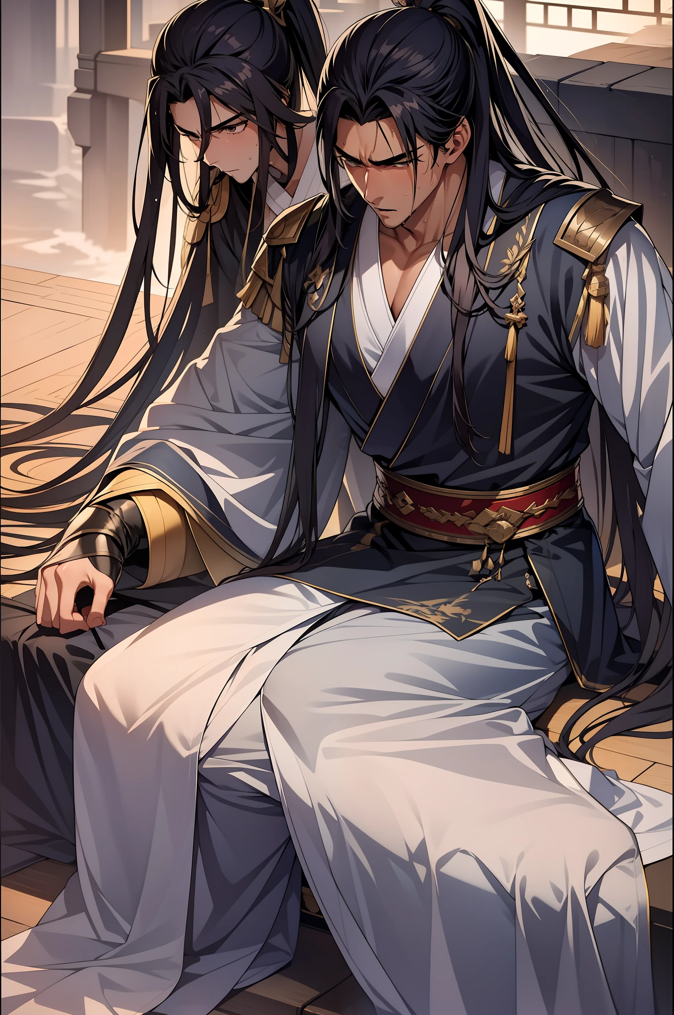 quadratic element,style of anime,mtu(Male Warrior),musculature,The proportions are correct,Face details,swordsmen,High ponytail hairstyle,perspired,Sweat on the face,drools,Neck details,There is an Adam's apple,Get wet,Drenched,Black Hanfu,kaftan,Embroidered robes,Black robe,clothes details,Handing over,longer sleeves,Game quality,Swordsmanship,Light and shadow tracking,Ray traching,detailed glow,cg render,hair detail,cabelos preto e longos,Golden eyes,Sweat on the face,Handsome,Handsome,Beads of sweat slipped down my neck,(juvenile sense),Clothing is complicated,Drenched,Get wet,Perfectcomposition,Refinement,high qulity,higher details,Lots of details,The background is complex,a sense of atmosphere,