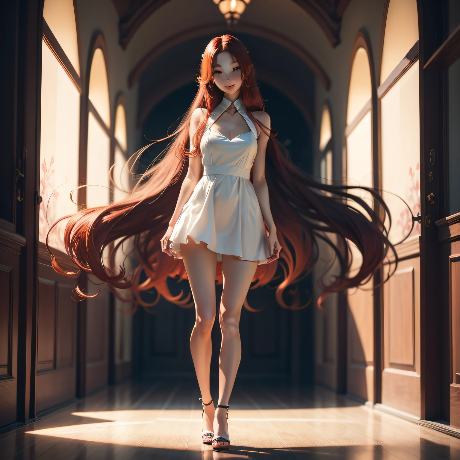 best qualtiy，tmasterpiece，超高分辨率，（fidelity：1.4），RAW photogr，1girl，long leges，dress，High heels，Sexy sandals，standing on your feet，Slender long legs，beautifullegs，Long hair，Thin thighs，Redhead，ssmile，ssmile，Tall
