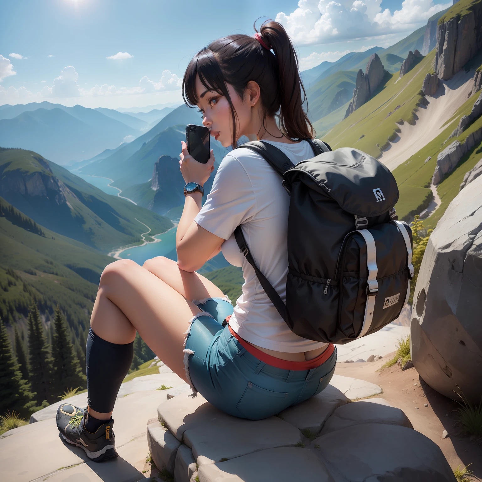 One lady(take photo from back side angle),on the big mountain stone,carry a mountain bag,wear half pant,half t shirt,wear watch,she is in  the mountain, from where  view looks good,sun in the sky,clear cloud,lady look prettt,4k,ultra,