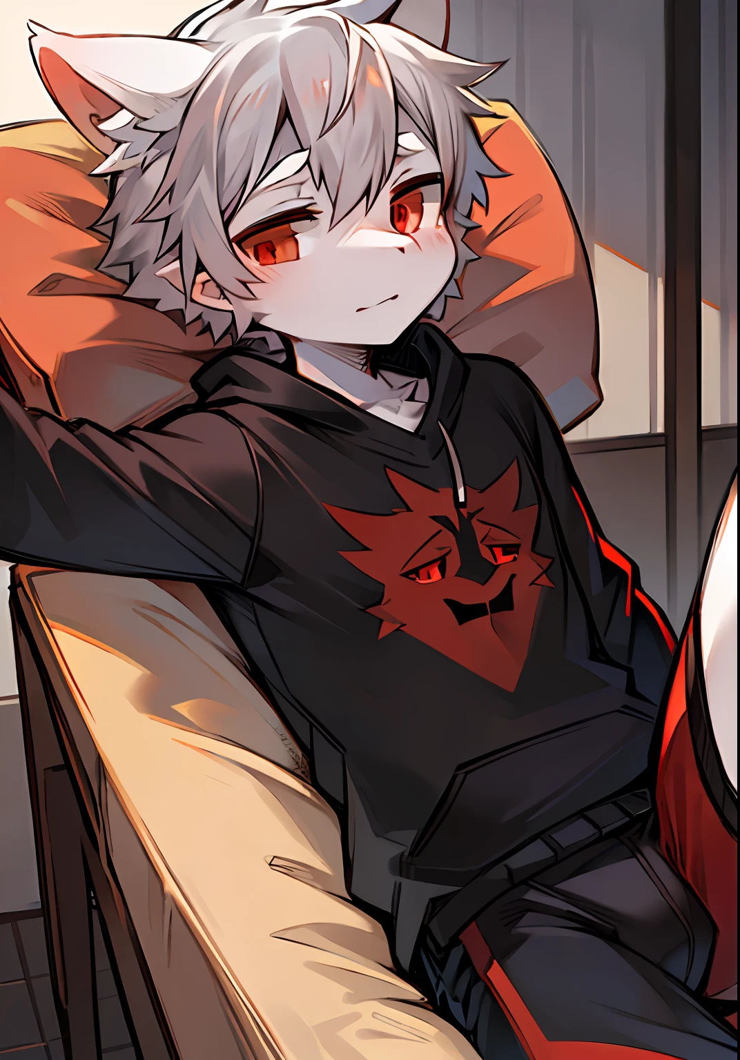，leisure wear，Dark red eyes，Caudas Brancas，white ear，Covered with gray hair，Shota