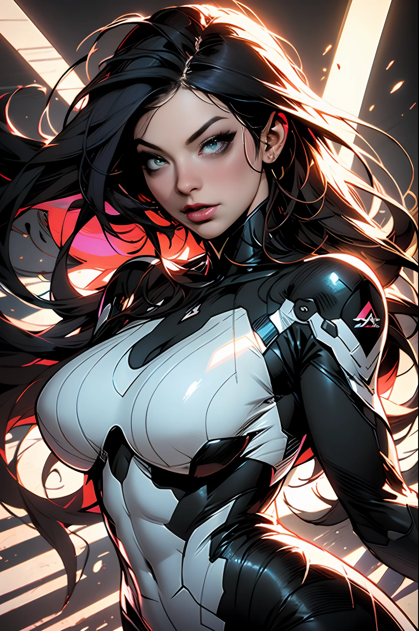 :: Super hero comix por Richard Luong ::Background Story, Misto-idioma_Texto, letras japonesas em graffit , Kelly Brook mulher linda , longos cabelos negros, Excellent lighting, side-lighting, perfeito ultimate, historia em quadrinho, cores vibrates degrade