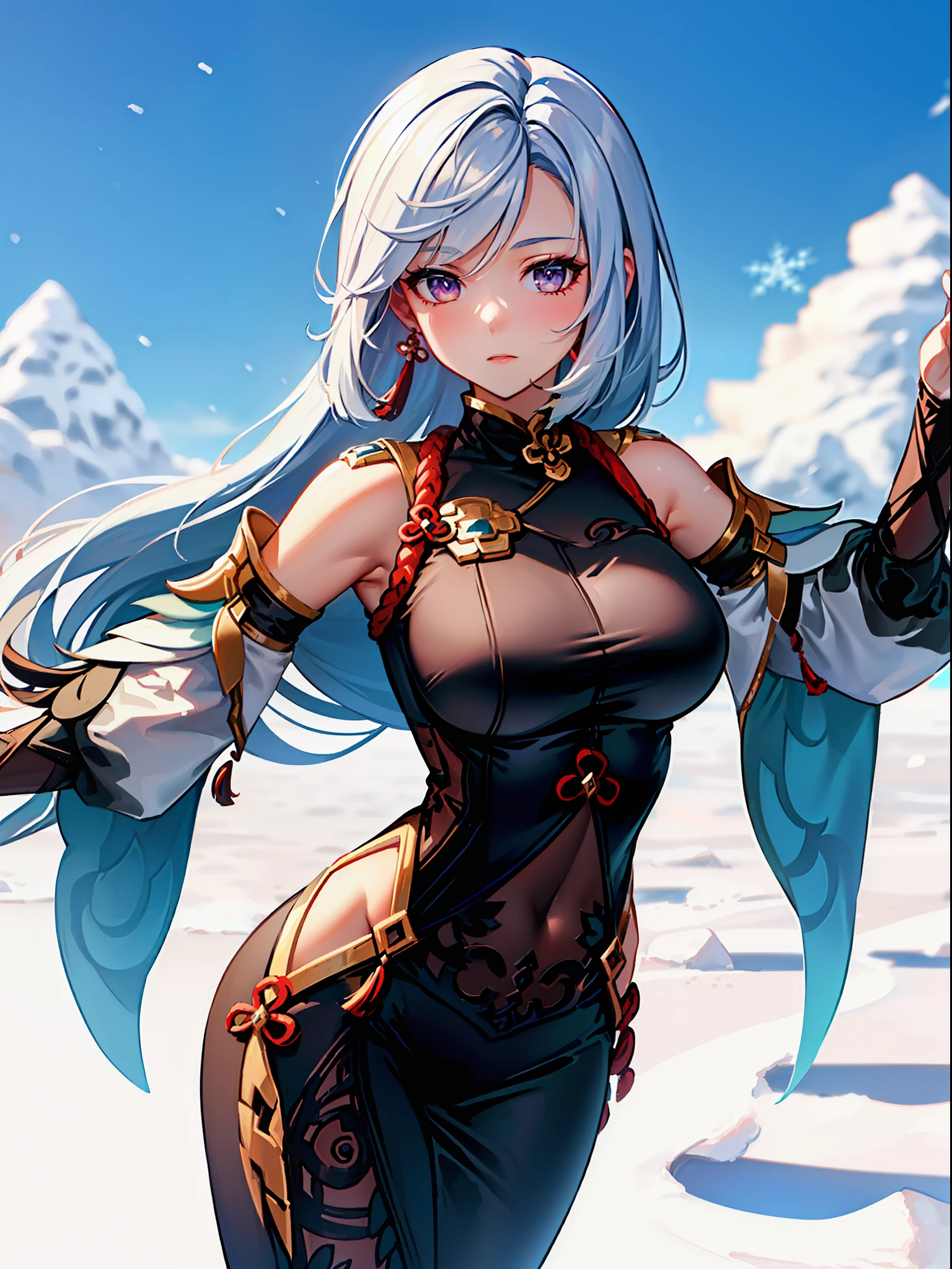 masterpiece, best quality, shenhe \(genshin impact\), 1girl, solo, earrings, jewelry, contemporary, casual, sweater, tassel, ban, snowflake, (athletic body:1.2), (large breasts), (main outfit, main dress:1.0), snow element bending