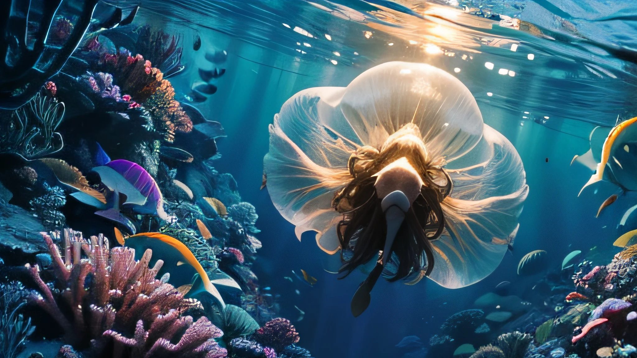 (Underwater, Closed_Eyes,),absurderes, high resolution,(8K resolution), 8K, 8kres, 8K real, High details, Verbose and licensed, International high detail,highly intricate detail,absurd details,Hyper-Resolution,hyper HD,megapixel,vfx,FXAA,TXAA,RTX,SSAO,Shaders,denoised,Denoising,cel shading,Tone-mapping,Environmental occlusion,rays of moonlight,Depth - fc,Deep under the sea,Multiple jellyfish,Sense of speed,Multiple afterimages,Doppelganger,golden colored,Multiple jellyfish trail through the scene