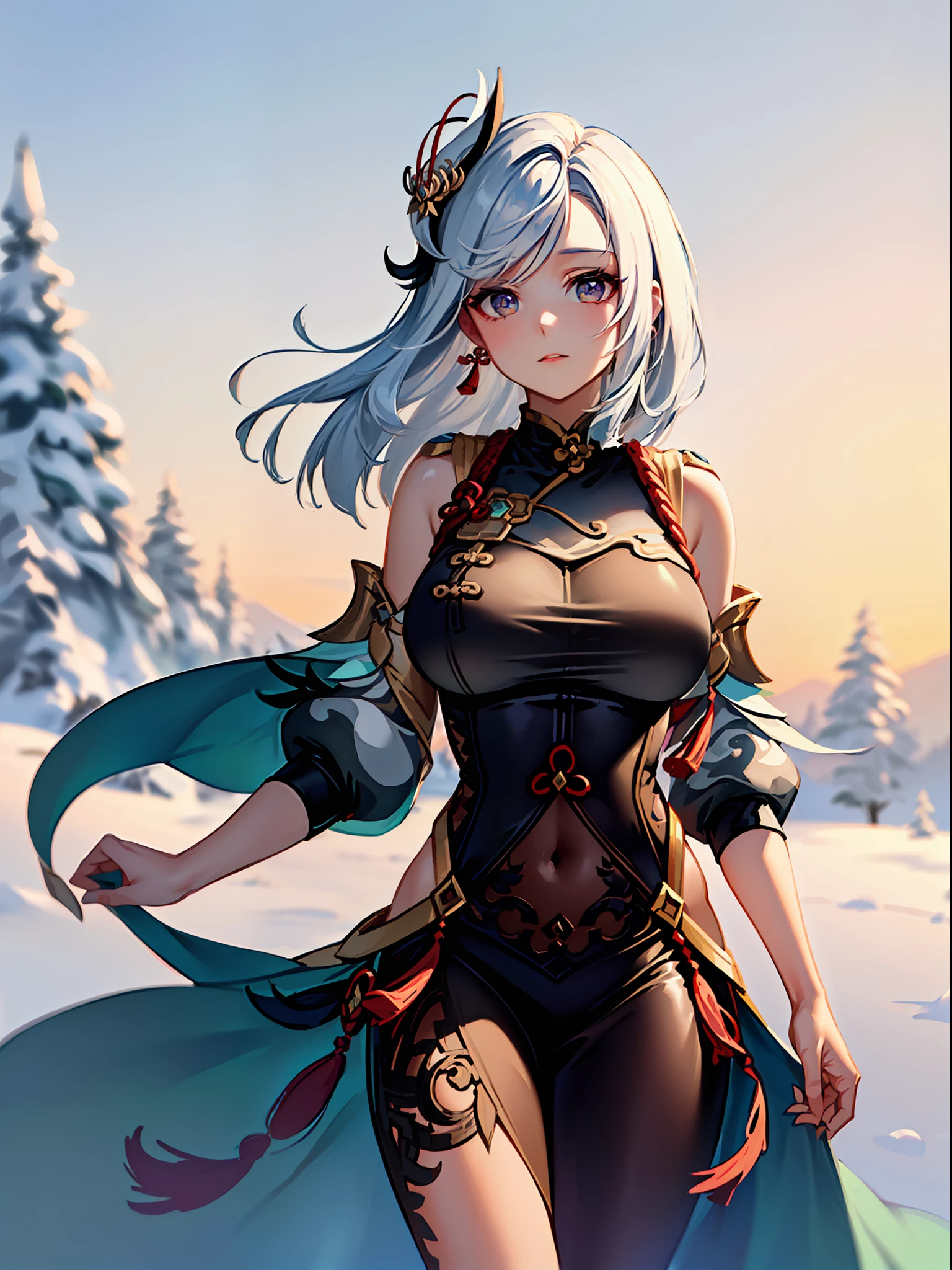 masterpiece, best quality, shenhe \(genshin impact\), 1girl, solo, earrings, jewelry, contemporary, casual, sweater, tassel, ban, snowflake, (athletic body:1.2), (large breasts), (main outfit, main dress:1.0), snow element bending