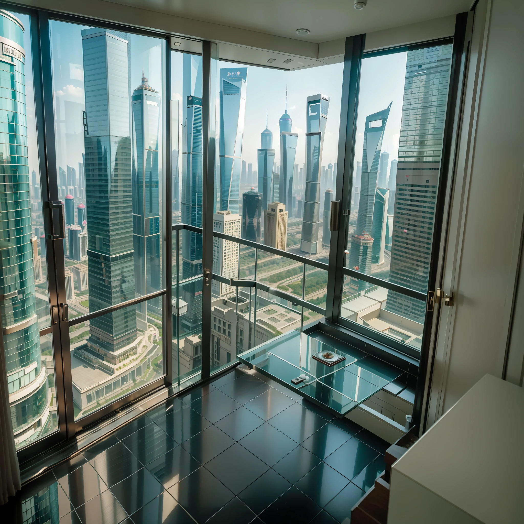 Apartment on the 108th floor of Shanghai Tower,Overlooking the whole family,There are greenery next to it,Canon shooting,See the Bund with a telescope