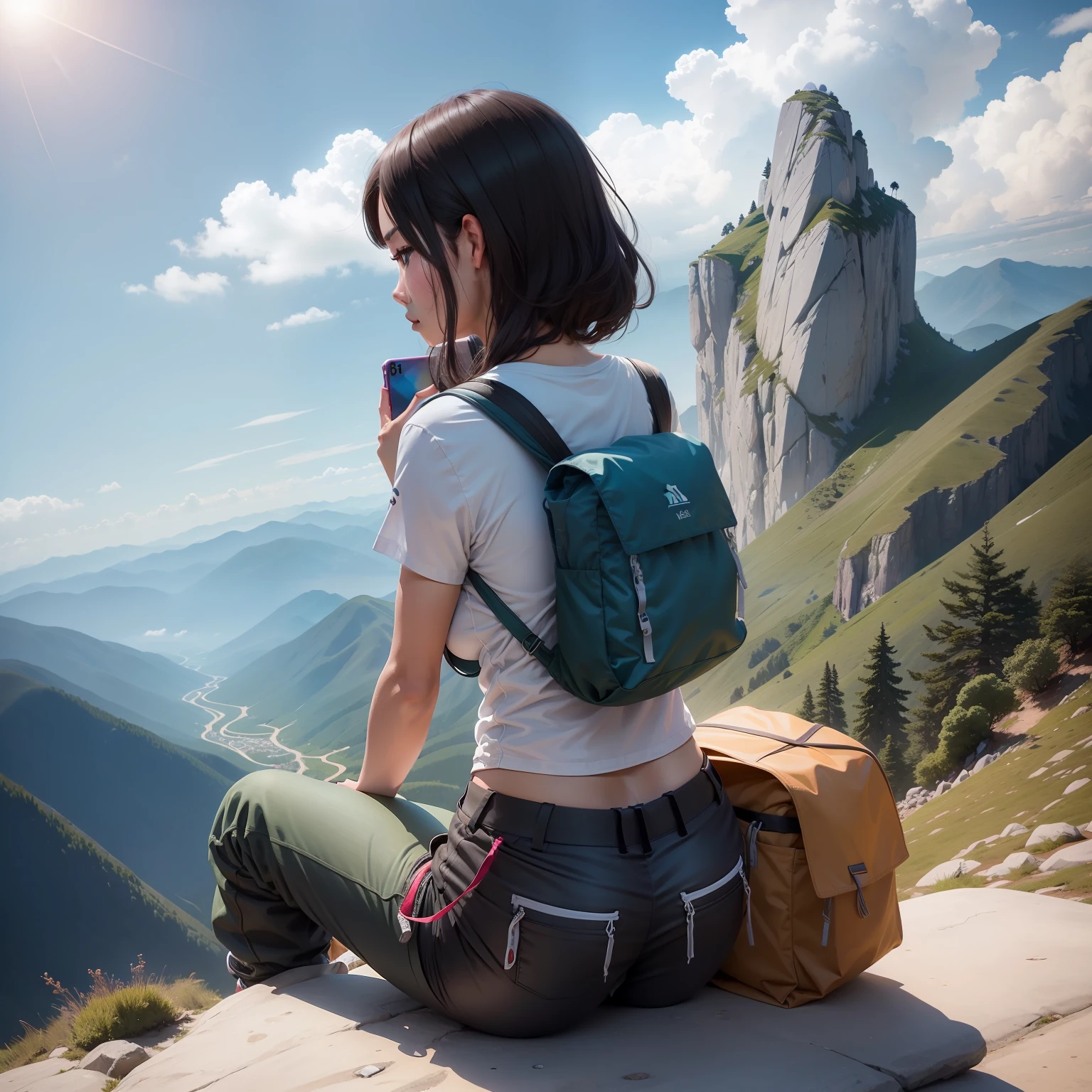 One lady(take photo from back side angle),on the big mountain stone,carry a mountain bag,wear half pant,half t shirt,wear watch,she is in  the mountain, from where  view looks good,sun in the sky,clear cloud,lady look prettt,4k,ultra,