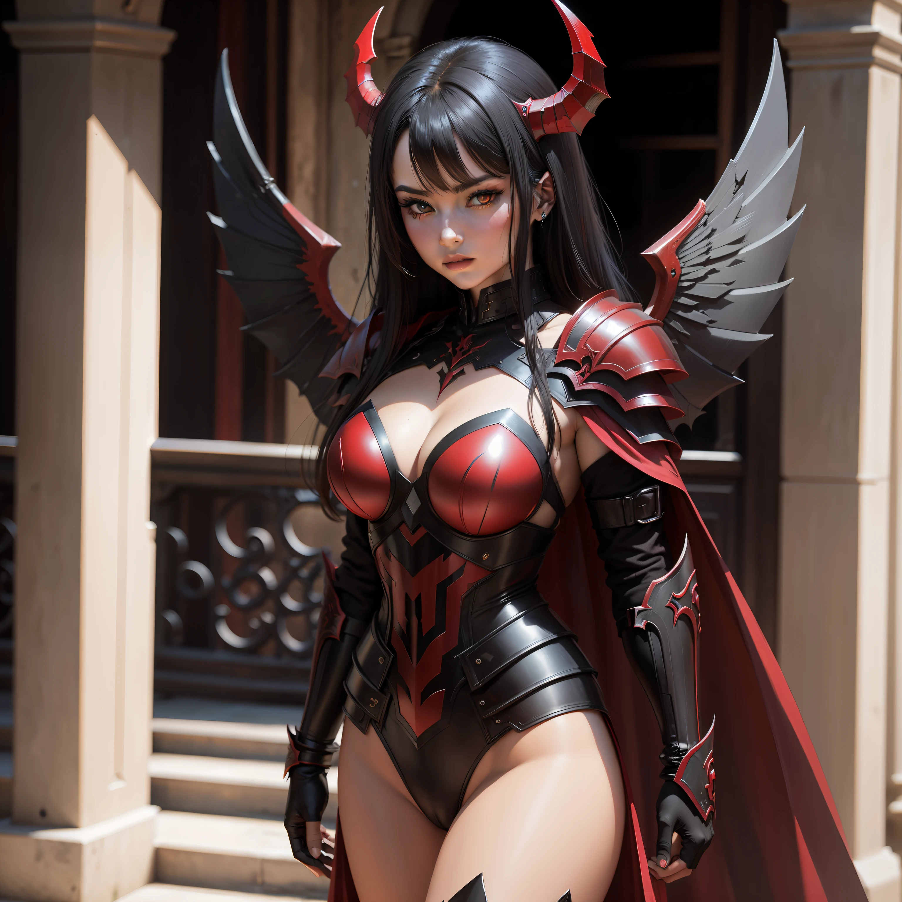 Demon angels in black and red high-quality iron armor, gorgeous face