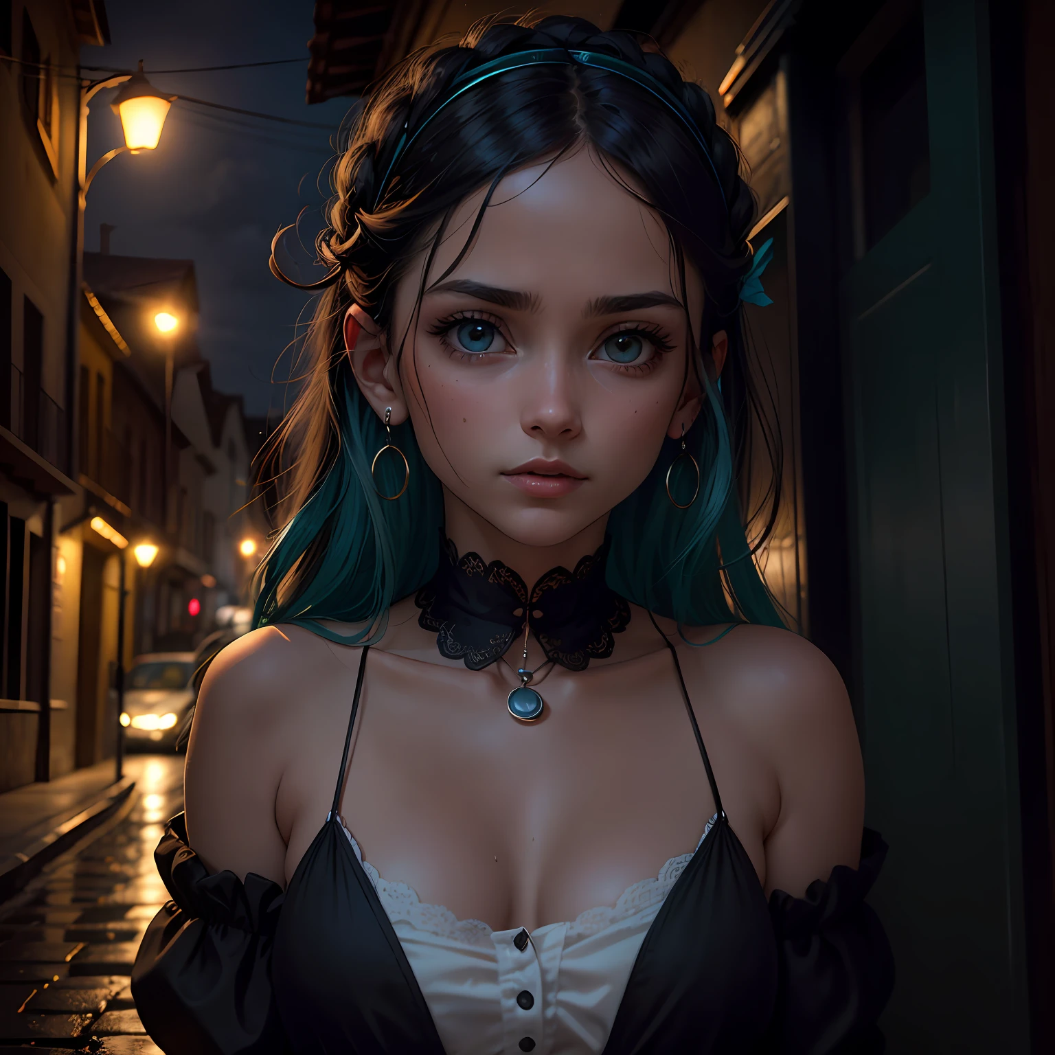 (De pie en una calle oscura),(Luz de carretera),(low key lighting),(Noche),Postura aleatoria, (Un trabajo extremadamente delicado y hermoso), (Obra maestra),Calle Cammy, Altamente detallado, cintura con fugas, cola de caballo contorsionada, charming expression, Ojos hermosos y claros, Pupila verde, Collar delicado, pendientes delicados, Orejas de hadas, fondo borroso simple, description of extreme details, Beautiful, encantador, Pintura ultrafina,  cara delicada, figura delicada, thin collarbones, labios preciosos, Pechos preciosos, suave, mezcla4, (8k, Foto RAW, La mejor calidad, Obra maestra: 1.2), (realista, fotorrealista: 1.37), 1 girl, Lindo, Paisaje urbano, Noche, lluvia, Wet, Pro Lighting, Mapeo de fotones, Radiosidad, physically based representation,