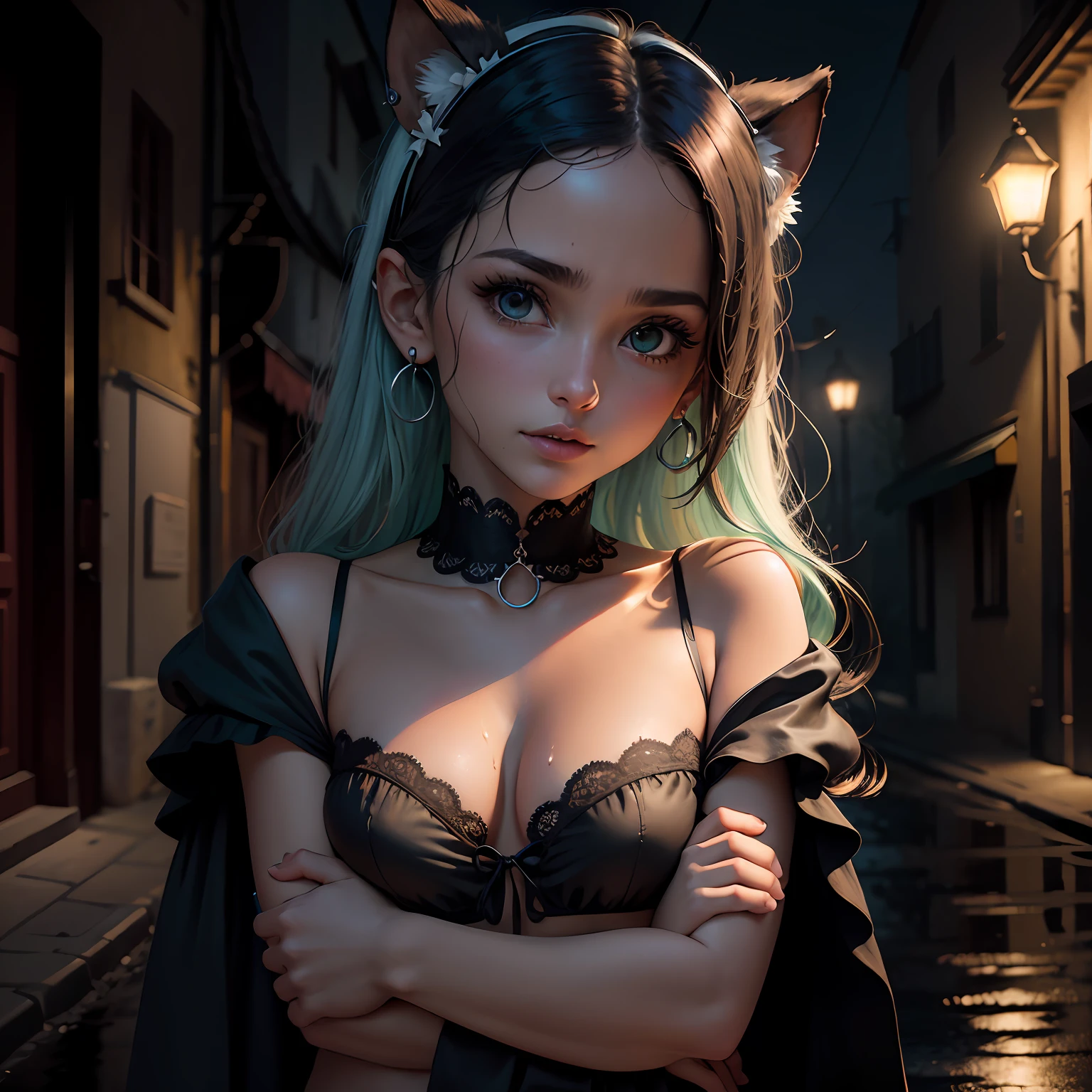 (De pie en una calle oscura),(Luz de carretera),(low key lighting),(Noche),Postura aleatoria, (Un trabajo extremadamente delicado y hermoso), (Obra maestra),Calle Cammy, Altamente detallado, cintura con fugas, cola de caballo contorsionada, charming expression, Ojos hermosos y claros, Pupila verde, Collar delicado, pendientes delicados, Orejas de hadas, fondo borroso simple, description of extreme details, Beautiful, encantador, Pintura ultrafina, cara delicada, figura delicada, thin collarbones, labios preciosos, Pechos preciosos, suave, mezcla4, (8k, Foto RAW, La mejor calidad, Obra maestra: 1.2), (realista, fotorrealista: 1.37), 1 girl, Lindo, Paisaje urbano, Noche, lluvia, Wet, Pro Lighting, Mapeo de fotones, Radiosidad, physically based representation,
