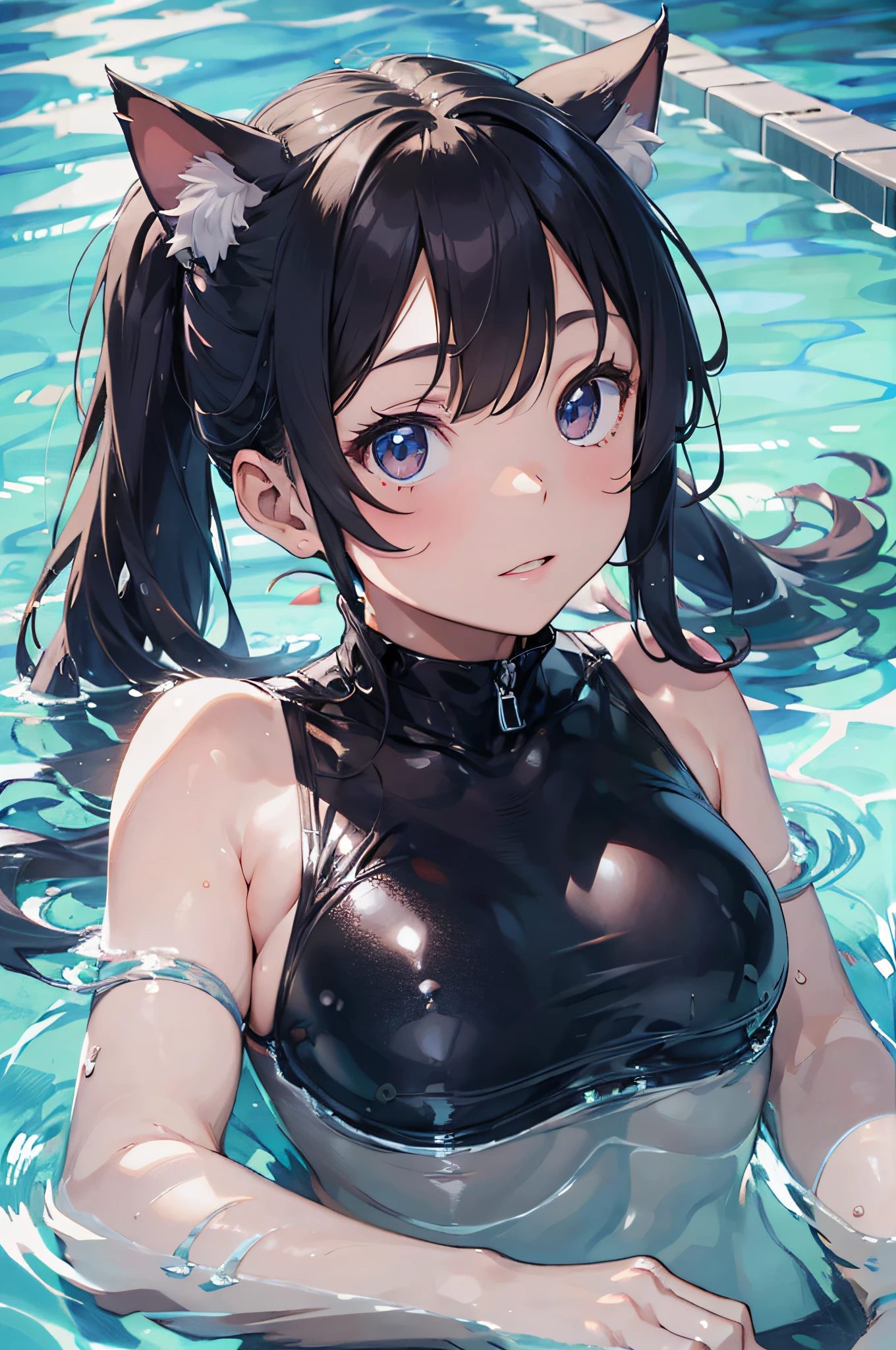 Beautiful fece, masterpiece, top-quality, hiqcgbody, animesque, 1girl in, Medium chest, olympic swimmer, Transparent transparent black swimsuit, portrait shot, Look at viewers, Partially submerged, Outdoor pool, (silber hair),(Feline ears),poneyTail,wetted skin, intricate detailes,>,((coverd)