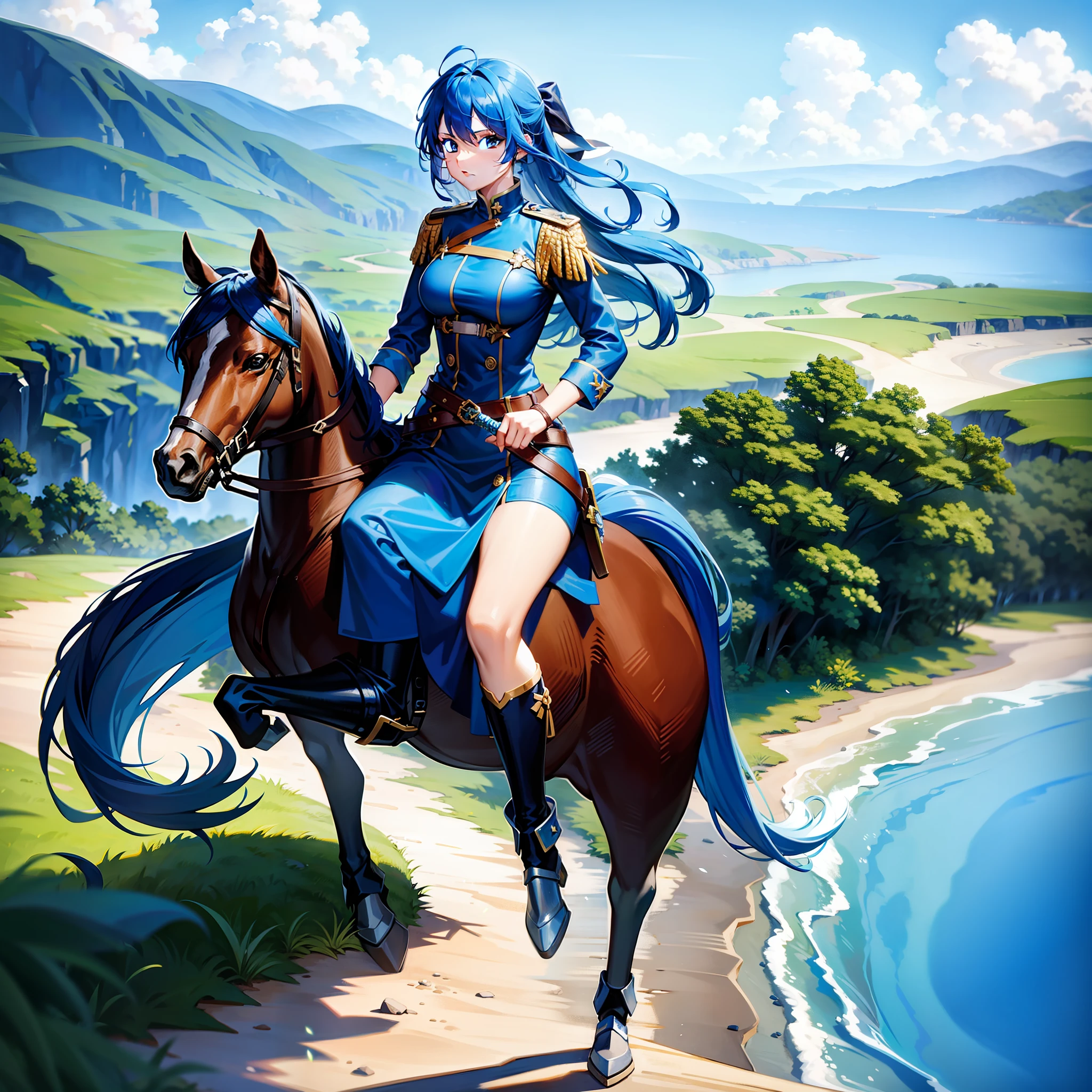 A blue-haired girl rides a horse on a cliff with a blue saluting sword in her hand