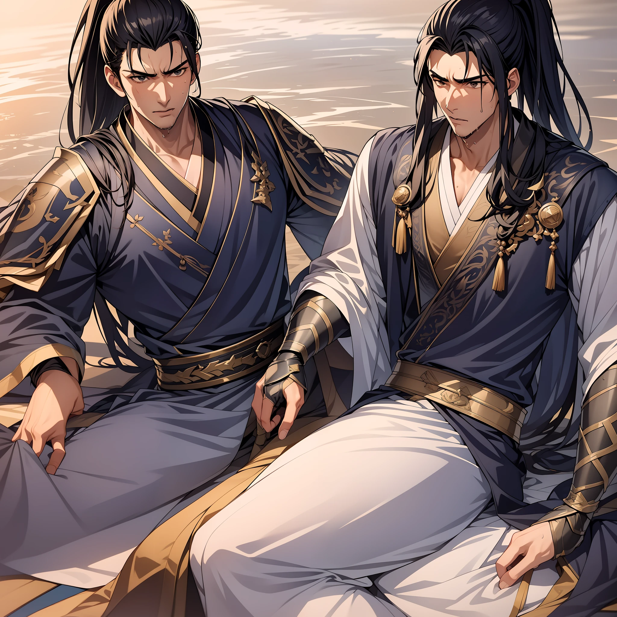 quadratic element，style of anime，mtu（Male Warrior），musculature，The proportions are correct，Face details，swordsmen，High ponytail hairstyle，perspired，Sweat on the face，drools，Neck details，There is an Adam's apple，Get wet，Drenched，Black Hanfu，kaftan，Embroidered robes，Black robe，clothes details，Handing over，longer sleeves，Game quality，Swordsmanship，Light and shadow tracking，Ray traching，detailed glow，cg render，hair detail，cabelos preto e longos，Golden eyes，Sweat on the face，Handsome，Handsome，Beads of sweat slipped down my neck，（juvenile sense），Clothing is complicated，Drenched，Get wet，Perfectcomposition，Refinement，high qulity，higher details，Lots of details，The background is complex，a sense of atmosphere，