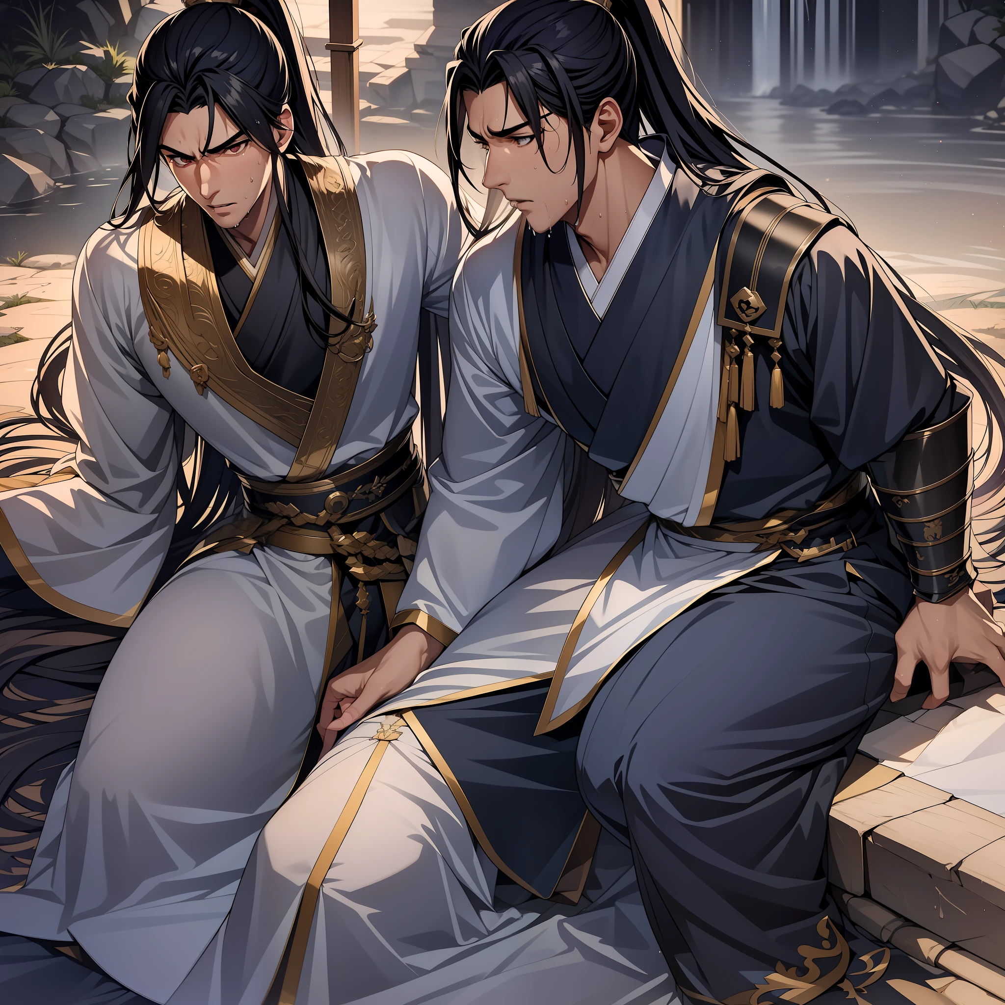 quadratic element,style of anime,mtu(Male Warrior),musculature,The proportions are correct,Face details,swordsmen,High ponytail hairstyle,perspired,Sweat on the face,drools,Neck details,There is an Adam's apple,Get wet,Drenched,Black Hanfu,kaftan,Embroidered robes,Black robe,clothes details,Handing over,longer sleeves,Game quality,Swordsmanship,Light and shadow tracking,Ray traching,detailed glow,cg render,hair detail,cabelos preto e longos,Golden eyes,Sweat on the face,Handsome,Handsome,Beads of sweat slipped down my neck,(juvenile sense),Clothing is complicated,Drenched,Get wet,Perfectcomposition,Refinement,high qulity,higher details,Lots of details,The background is complex,a sense of atmosphere,