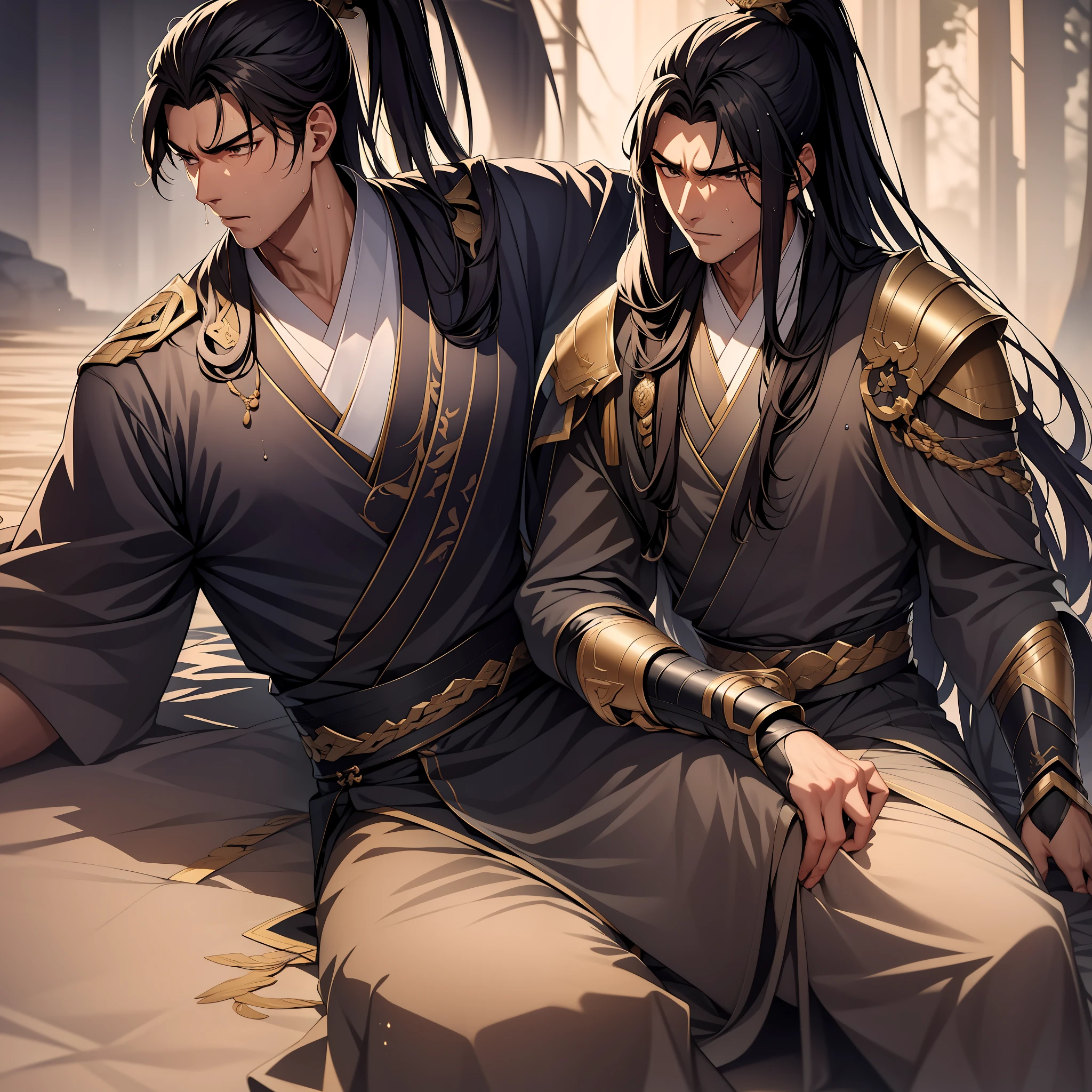 quadratic element，style of anime，mtu（Male Warrior），musculature，The proportions are correct，Face details，swordsmen，High ponytail hairstyle，perspired，Sweat on the face，drools，Neck details，There is an Adam's apple，Get wet，Drenched，Black Hanfu，kaftan，Embroidered robes，Black robe，clothes details，Handing over，longer sleeves，Game quality，Swordsmanship，Light and shadow tracking，Ray traching，detailed glow，cg render，hair detail，cabelos preto e longos，Golden eyes，Sweat on the face，Handsome，Handsome，Beads of sweat slipped down my neck，（juvenile sense），Clothing is complicated，Drenched，Get wet，Perfectcomposition，Refinement，high qulity，higher details，Lots of details，The background is complex，a sense of atmosphere，
