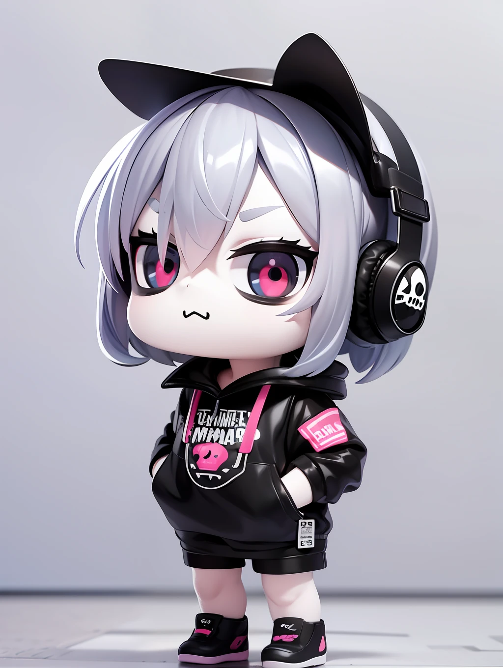 PopMart blind box IP, Zombie Skull, super cute boy, wearing headphone, technological elements, fashionable clothes, streamlined 3D/C4D production: 8K HD picture quality/lighting/ultra-fine lens depiction 1.5, flawless, chibi background/cinematic sense.