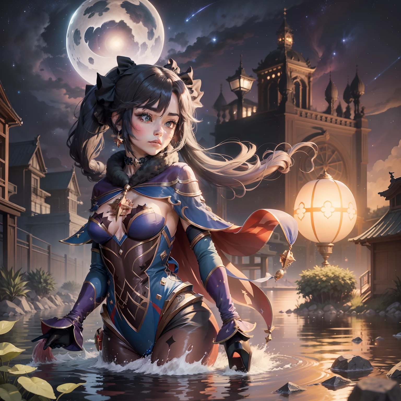 Mona character from Genshin Impact, walking happily on top of a huge lake, using his water powers. in the background a dark night sky full of stars
