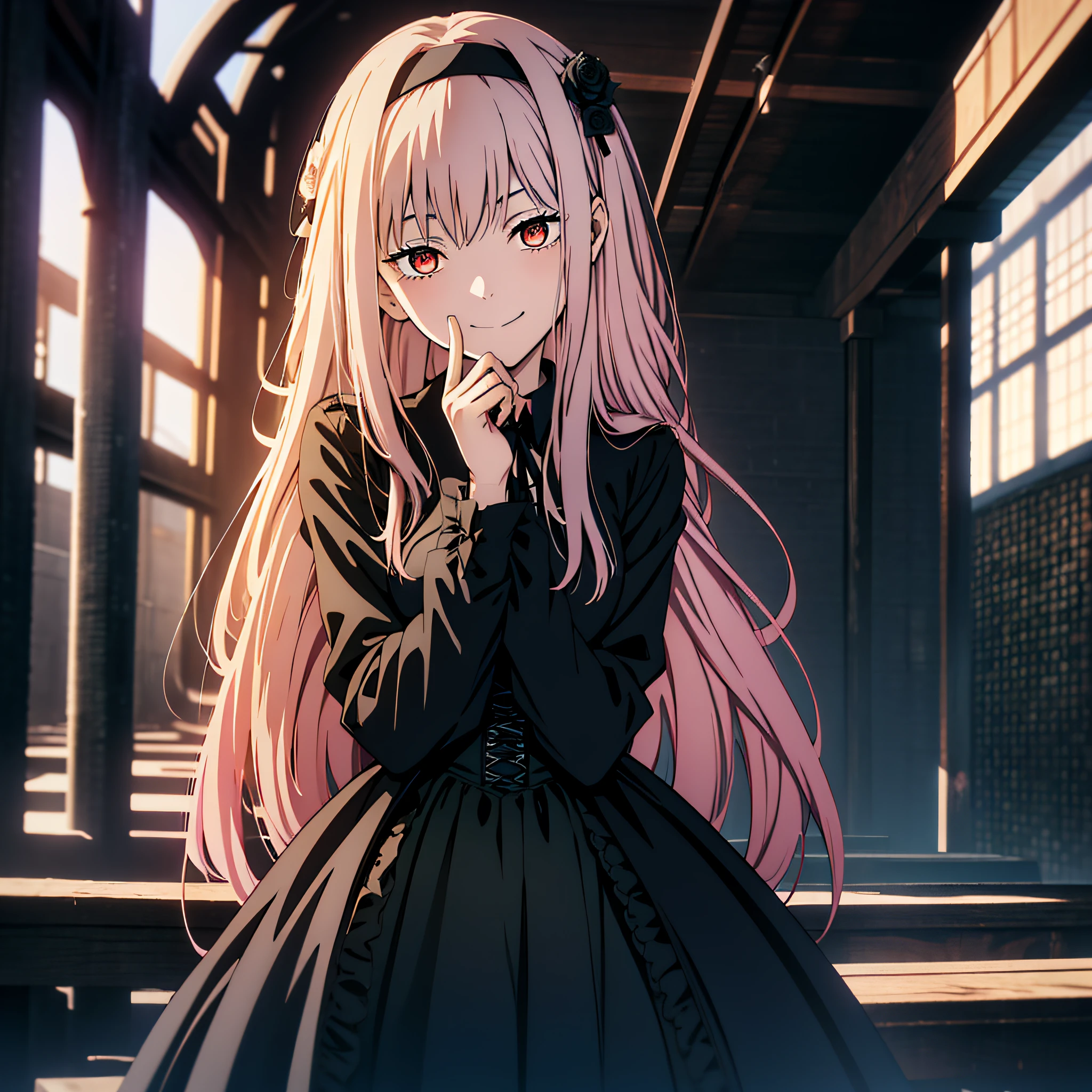 masterpiece, best quality, highres, sui1, 1girl, solo, suigintou, red eyes, long hair, gothic dress, white hair, rose hair ornament, long sleeves, gothic hairband, ribbon, black dress, black wings, cowboy shot, wariza, smile, reaching out, spread arms,