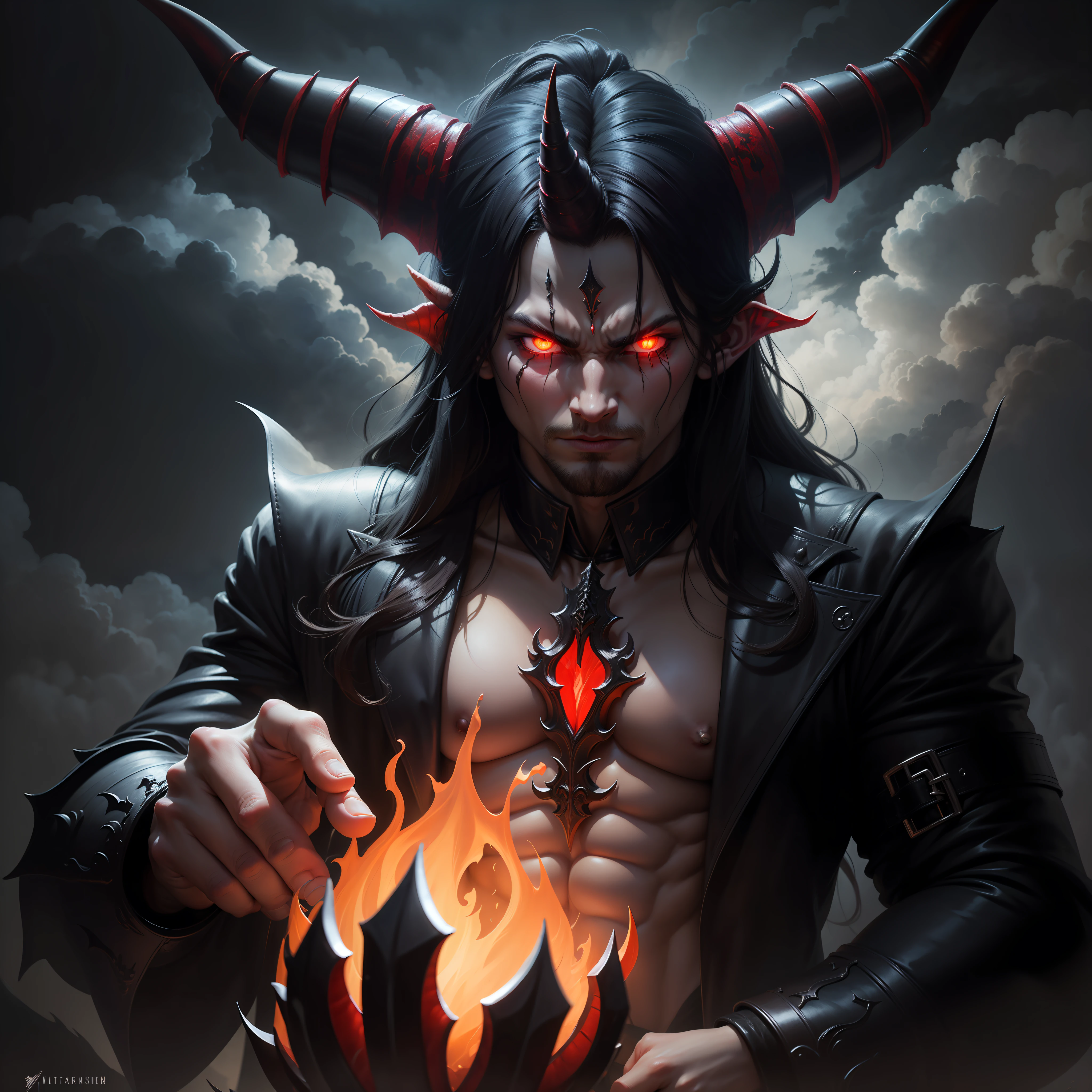 (Demon with massive horns:1.2), More Details, The darkness of the clouds in his hands, A sinister look, on a transparent background.