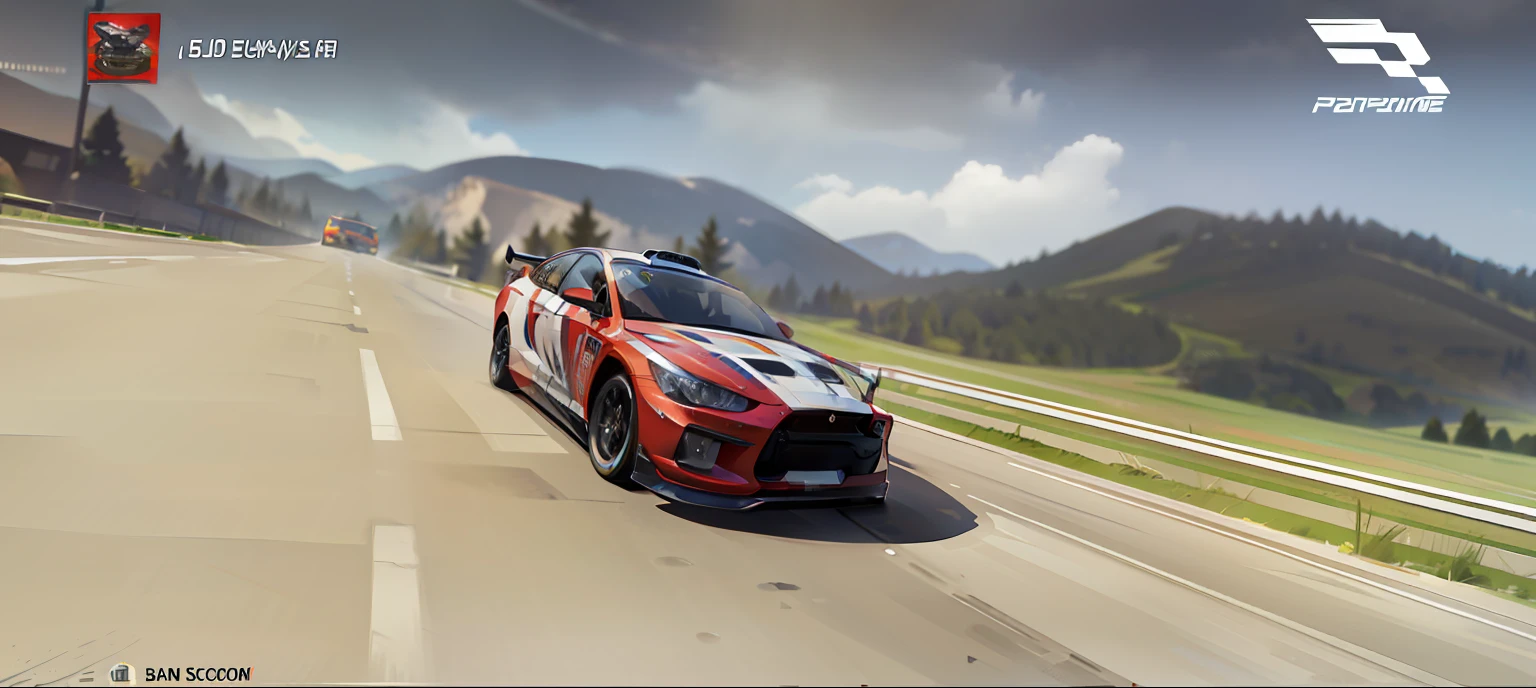 Close-up of a car driving on a road near a mountain, video game screenshot>, inspiring, hd screenshot, nipple play, ps 3 screenshot, Game CG, gameplay still, realistic cars, new vehicle, high quality screenshot, hd screenshot, racer, racer, In 2020，Rally cars，video game screenshot, sports cars, gameplay screenshot with ui