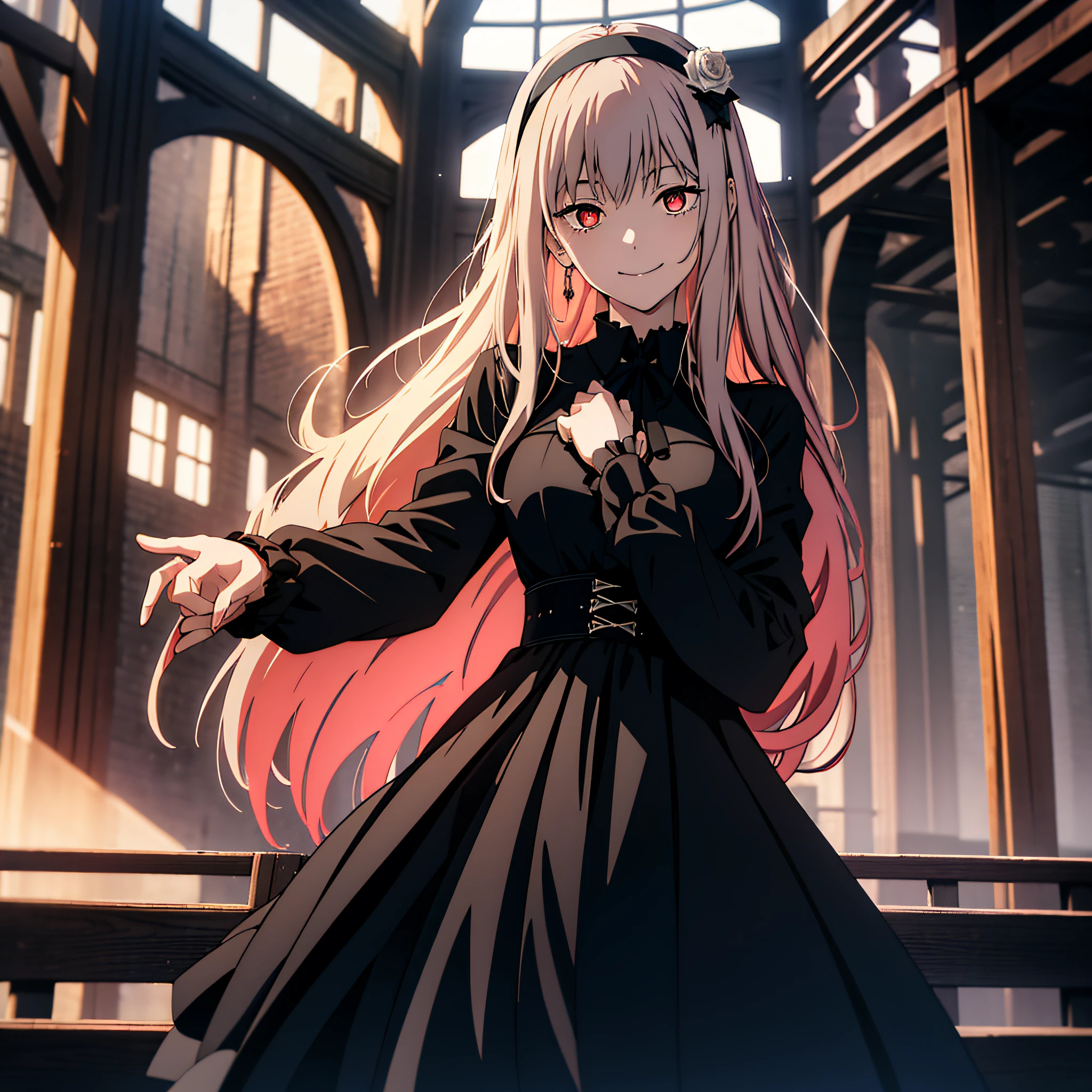 masterpiece, best quality, highres, sui1, 1girl, solo, suigintou, red eyes, long hair, gothic dress, white hair, rose hair ornament, long sleeves, gothic hairband, ribbon, black dress, black wings, cowboy shot, wariza, smile, reaching out, spread arms,
