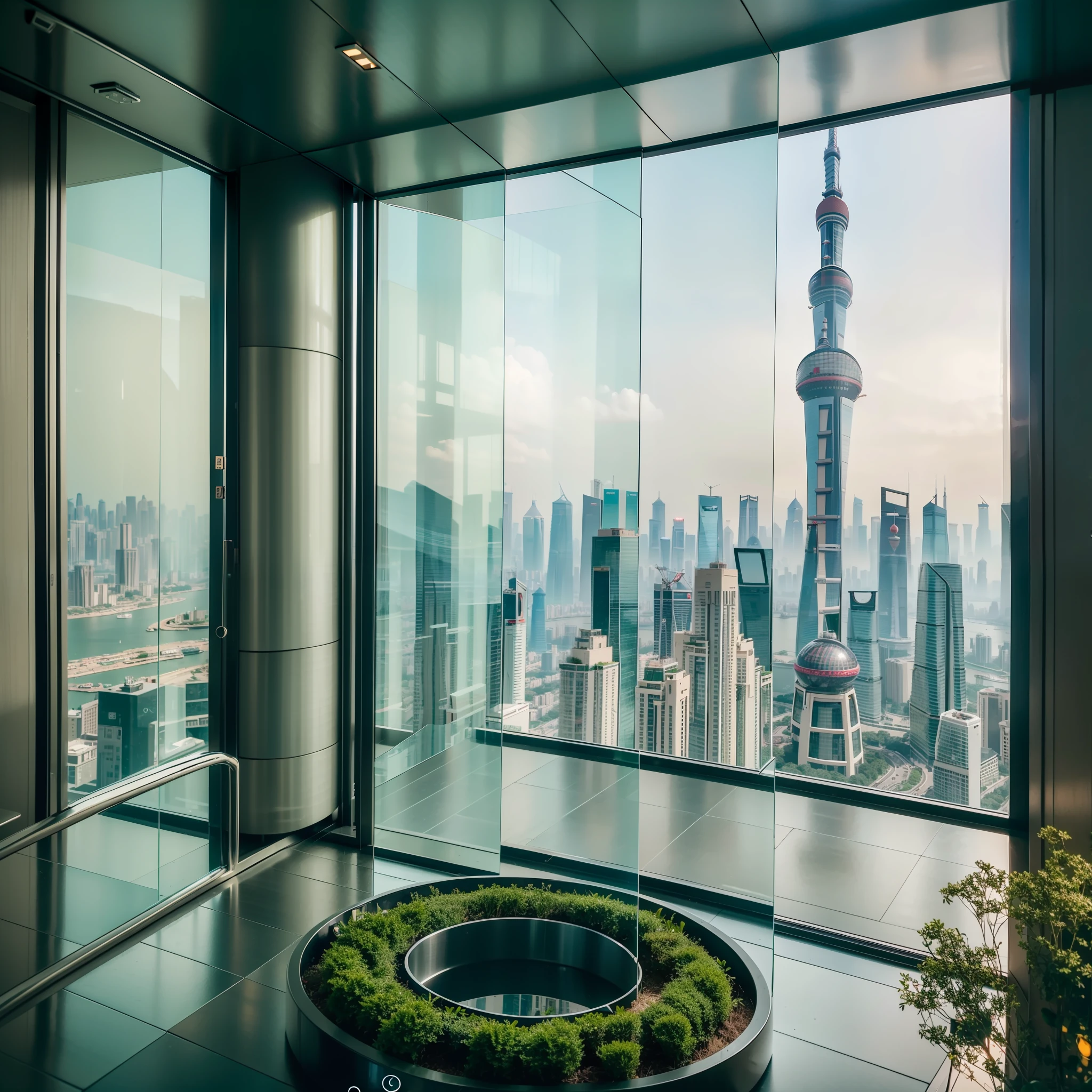 Apartment on the 108th floor of Shanghai Tower,Overlooking five families,Green trees next to it,Canon shooting,See the Bund with a telescope