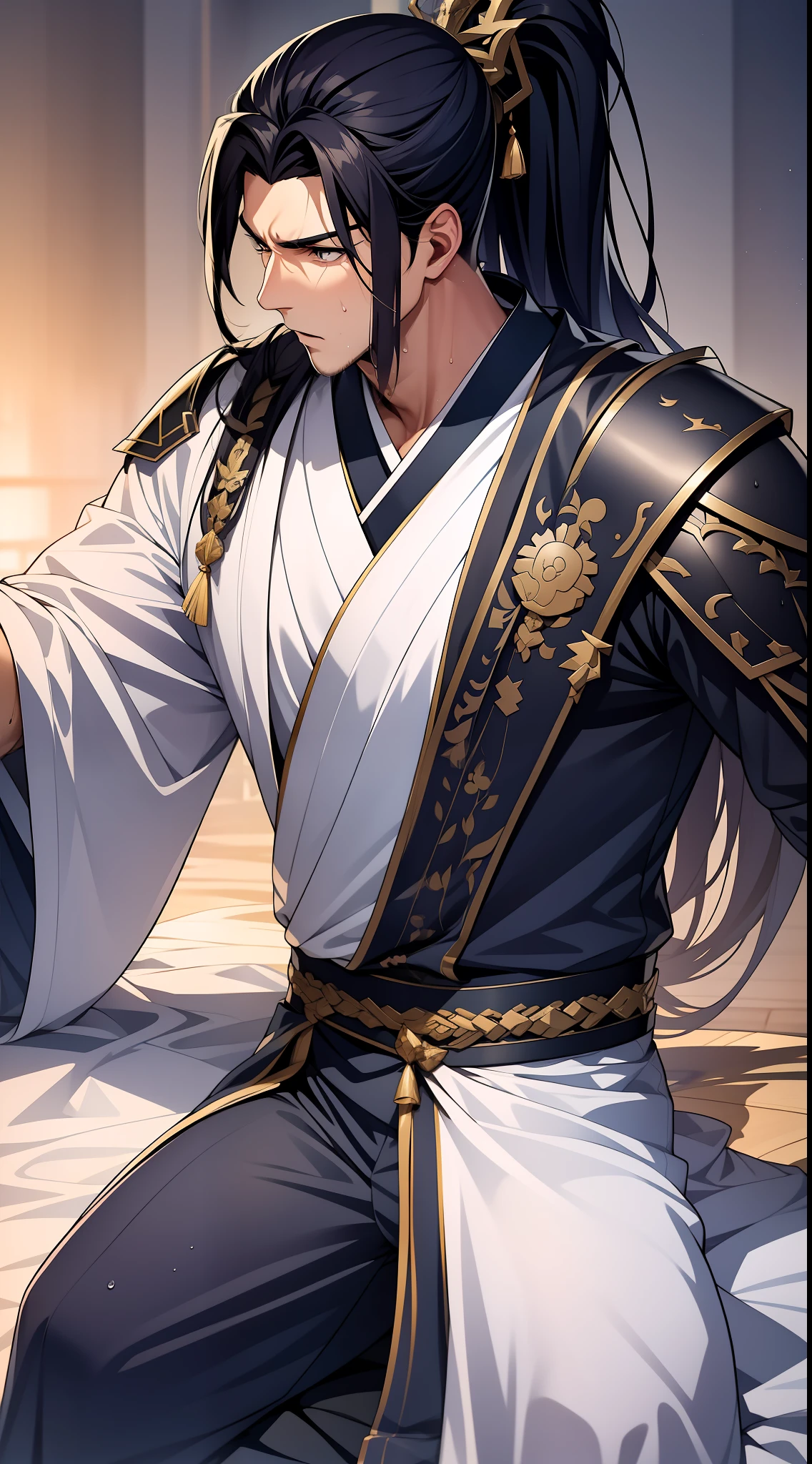 quadratic element，style of anime，mtu（Male Warrior），musculature，The proportions are correct，Face details，swordsmen，High ponytail hairstyle，perspired，Sweat on the face，drools，Neck details，There is an Adam's apple，Get wet，Drenched，Black Hanfu，kaftan，Embroidered robes，Black robe，clothes details，Handing over，longer sleeves，Game quality，Swordsmanship，Light and shadow tracking，Ray traching，detailed glow，cg render，hair detail，cabelos preto e longos，Golden eyes，Sweat on the face，Handsome，Handsome，Beads of sweat slipped down my neck，（juvenile sense），Clothing is complicated，Drenched，Get wet，Perfectcomposition，Refinement，high qulity，higher details，Lots of details，The background is complex，a sense of atmosphere，
