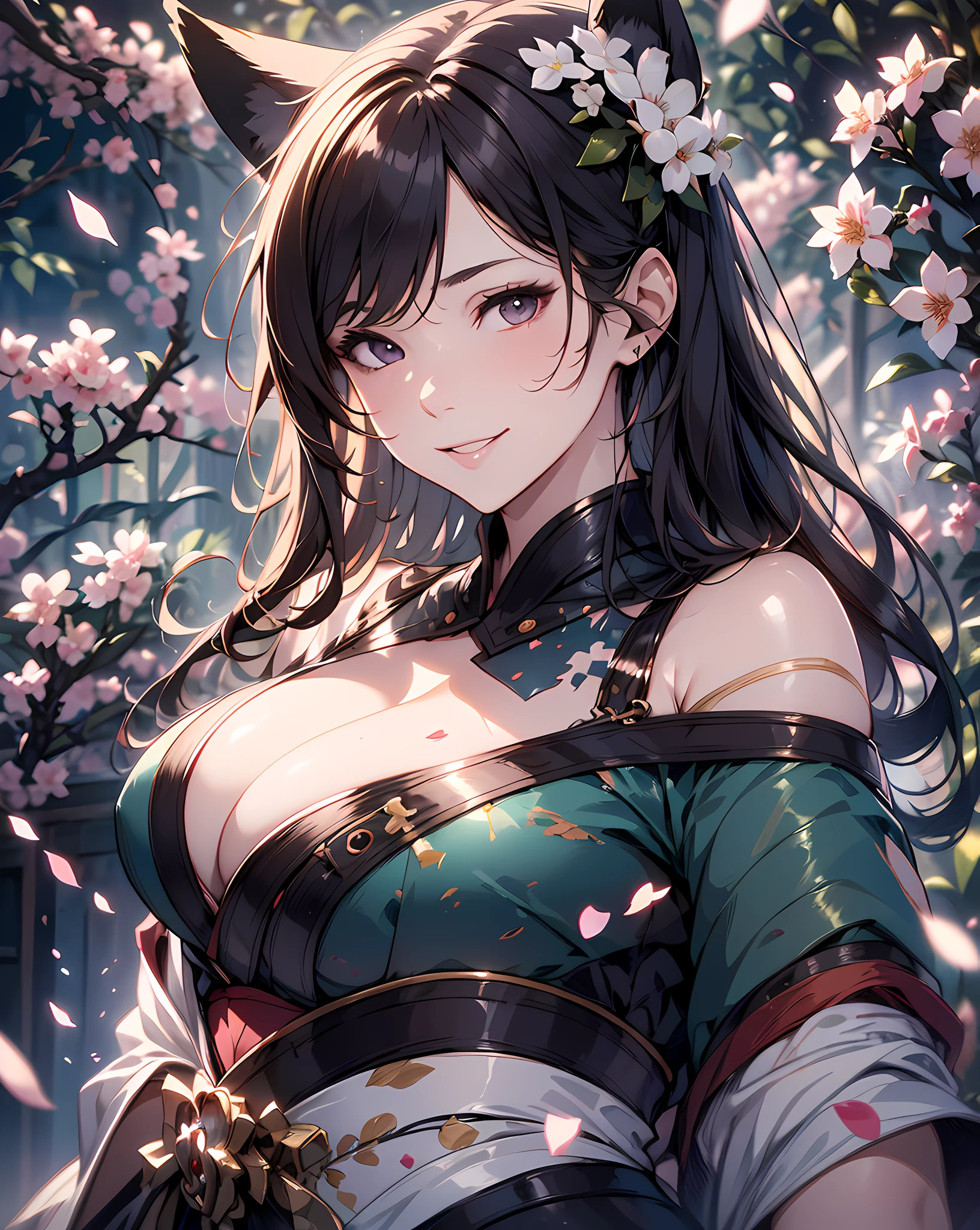 A extremely gorgeous and beautiful fox-girl, ((a half body portrait)), Splattered playing lots of colorful cherry blossom petals background, garden background, Ultimately Masterpiece, Best quality, Ultra-detailed, Ultra-realistic, Hyper realistic concept art by ufotable, 8K resolution concept art intricately detailed, insanely detailed, abstraction watercolor painting background, 3d render ultra detailed of a beautiful porcelain Front woman face, Luxury Beautiful Style, nice perfect face with soft fair skin perfect face, Attractive full body proportions, Attractive posing, Luxury Japanese Kimono Fashion, ultra sharp image, centered image, trending on Artstation and pixiv, (concept art by Alberto Seveso, Anna Dittmann, Kuciara, Donato Giancola, Johnson ting), 8 life size, bokeh, clean brush stroke, face light, back light, looking the viewer, facing the viewer, unreal engine, octane render, digital painting, magic scene, HDR, luminous studio engine, (slow motion:1.3), light grin smile,