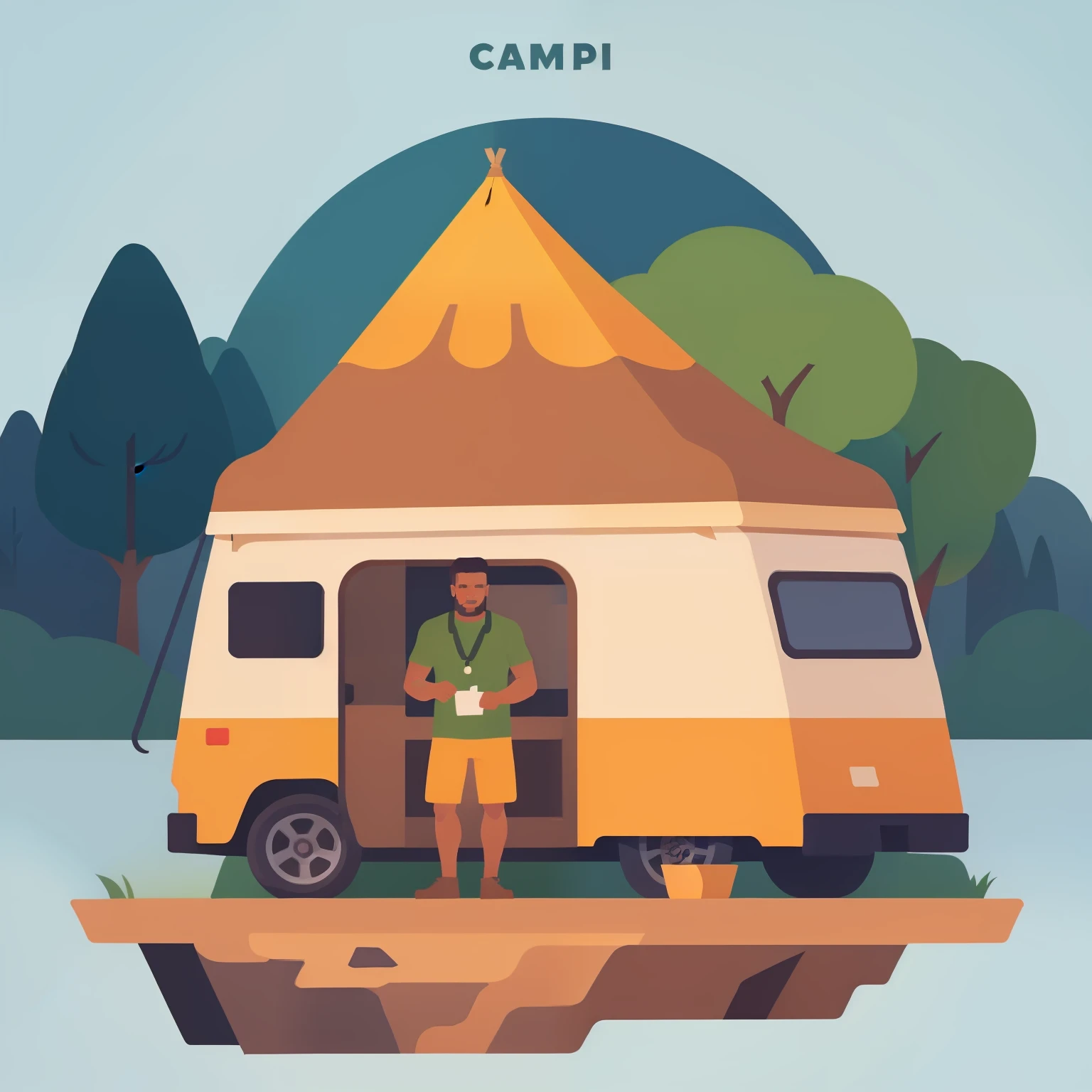 camp,male people,plein air,icons,illustratio