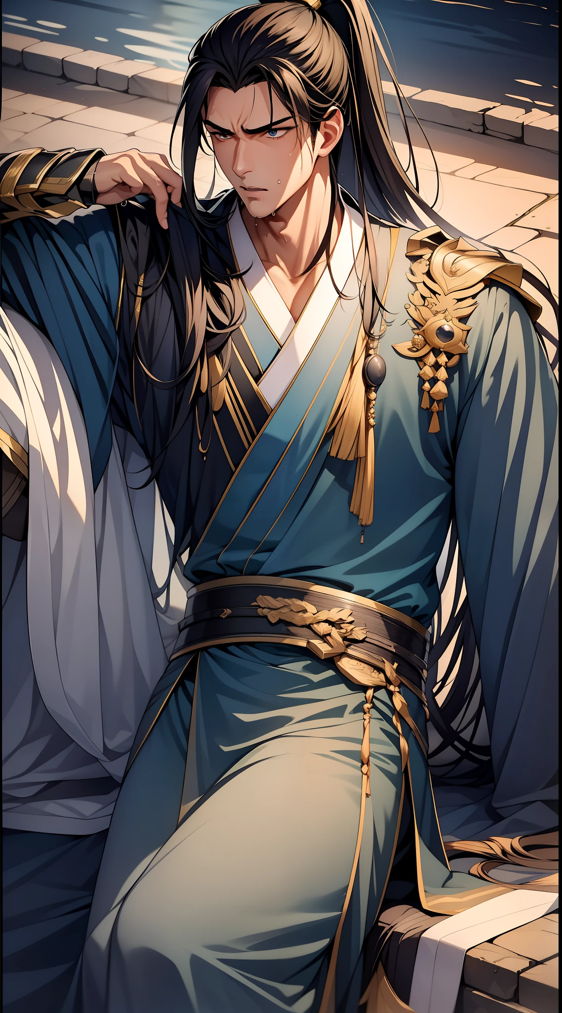 quadratic element，style of anime，mtu（Male Warrior），musculature，The proportions are correct，Face details，swordsmen，High ponytail hairstyle，perspired，Sweat on the face，drools，Neck details，There is an Adam's apple，Get wet，Drenched，Black Hanfu，kaftan，Embroidered robes，Black robe，clothes details，Handing over，longer sleeves，Game quality，Swordsmanship，Light and shadow tracking，Ray traching，detailed glow，cg render，hair detail，cabelos preto e longos，Golden eyes，Sweat on the face，Handsome，Handsome，Beads of sweat slipped down my neck，（juvenile sense），Clothing is complicated，Drenched，Get wet，Perfectcomposition，Refinement，high qulity，higher details，Lots of details，The background is complex，a sense of atmosphere，