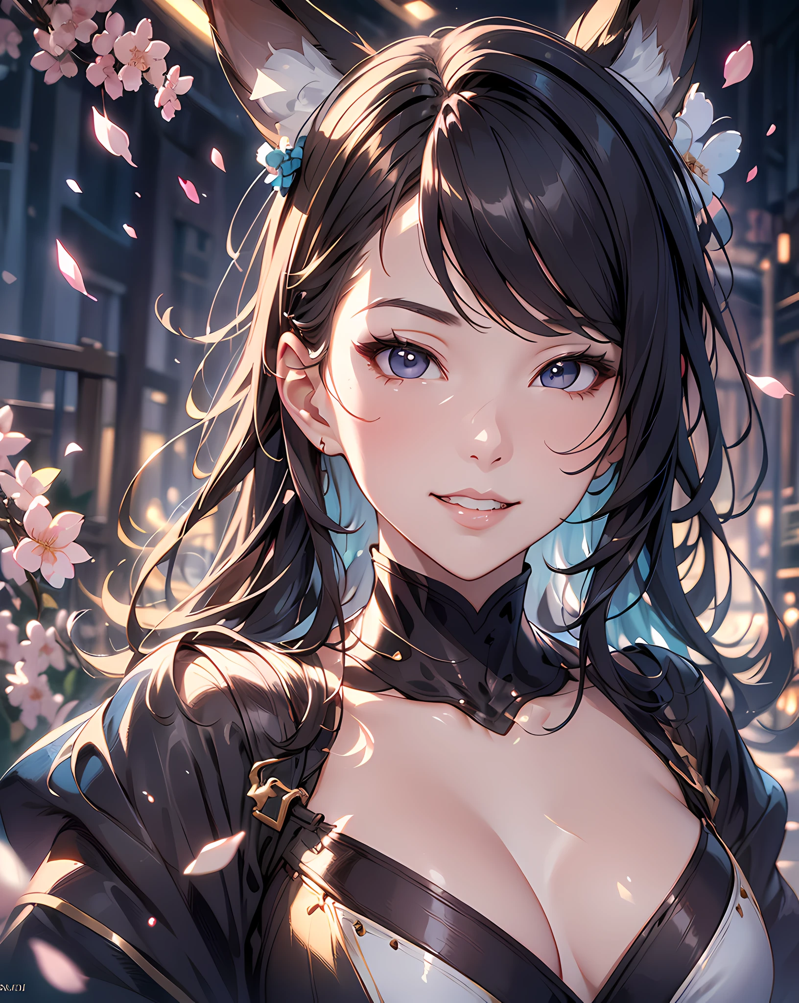 A extremely gorgeous and beautiful fox-girl, ((a half body portrait)), Splattered playing lots of colorful cherry blossom petals background, garden background, Ultimately Masterpiece, Best quality, Ultra-detailed, Ultra-realistic, Hyper realistic concept art by ufotable, 8K resolution concept art intricately detailed, insanely detailed, abstraction watercolor painting background, 3d render ultra detailed of a beautiful porcelain Front woman face, Luxury Beautiful Style, nice perfect face with soft fair skin perfect face, Attractive full body proportions, Attractive posing, Luxury Japanese Kimono Fashion, ultra sharp image, centered image, trending on Artstation and pixiv, (concept art by Alberto Seveso, Anna Dittmann, Kuciara, Donato Giancola, Johnson ting), 8 life size, bokeh, clean brush stroke, face light, back light, looking the viewer, facing the viewer, unreal engine, octane render, digital painting, magic scene, HDR, luminous studio engine, (slow motion:1.3), light grin smile,