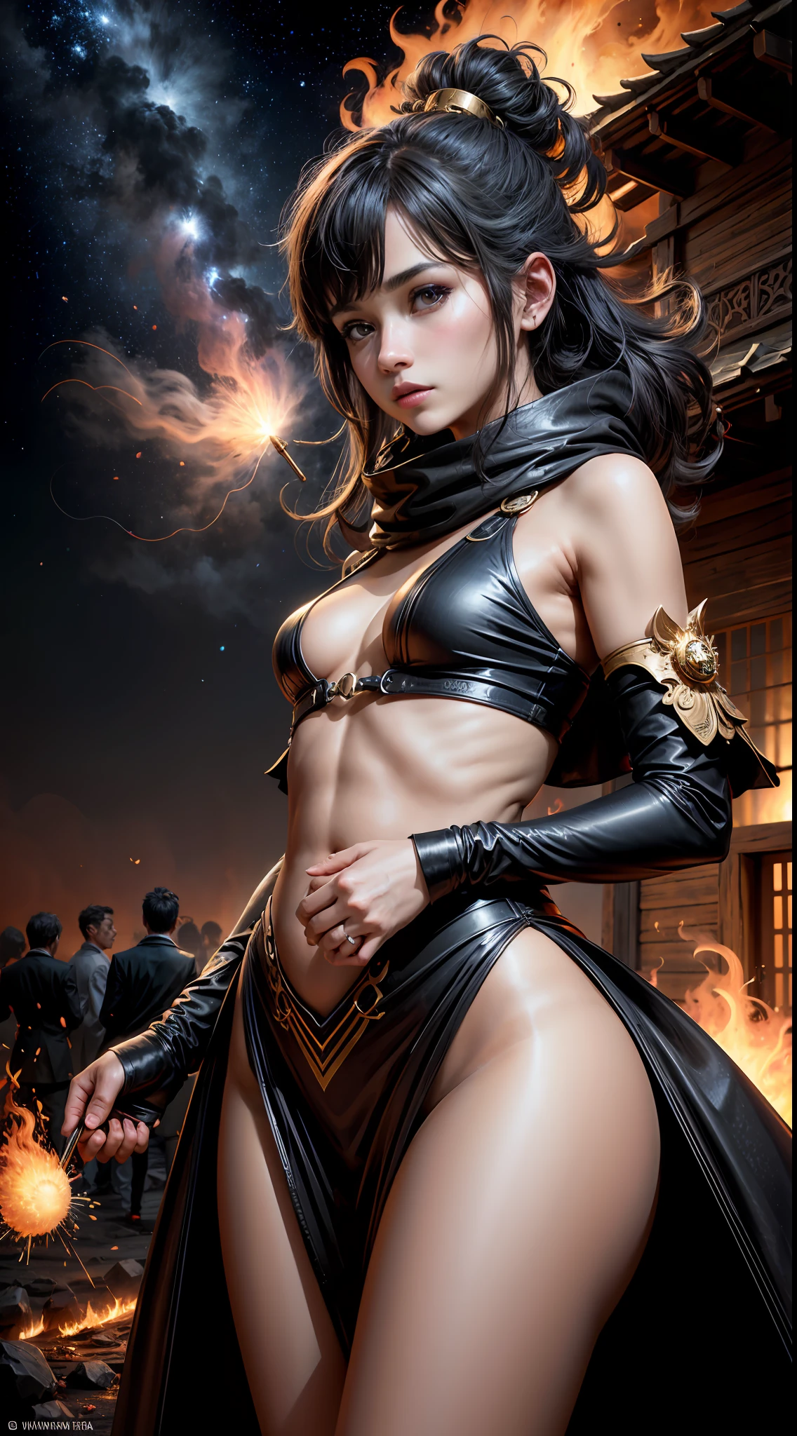 ((obra-prima: 1.2)), (((melhor qualidade))), ((Ultra Detalhado)), (Awesome: 1.1), ((papel de parede extremamente detalhado da unidade CG 8k)), foto RAW, (realista, Foto realista: 1.4), (renderizado: 1.4), Ultra realismo, high-resolution, NVIDIA RTX Ray Tracing, octan render, corpo inteiro, 1 girl, Demon Empress Manipulates Large Fireballs, ((various streams of flames around him)), ((aura de chamas queimam de seu corpo)), corpo pequeno sedutor, perfectly proportions, jovem, cabelos longos pretos brilhosos, rosto extremamente bonito e delicado, (Small black horns adorned with golden rings protrude from the sides of his forehead), vestidos colorido sexy, aura de queima BREAK, bolas de fogo, orange and yellow spark dazzling around, Illusory image of a large firebird flying in the background, lava on the ground, magma, corpo sexy BREAK, (vila chinesa antiga) , pagodas chinesas ao fundo, arquitetura chinesa, lanternas chinesa, dark deep sky, starry dark sky, estrelas cadentes, detalhado, realista, arte digital altamente detalhada, bioluminescente, BREAK 8K resolution concept art, realismo, by Mappa Studios, arte oficial, illustration, ligne claire, (cool_color), perfect compositio, absurdres, fantasia, focado, rule of thirds , diffuse lighting, fantasia, intrincado, elegante, altamente detalhado, realista, fotorrealista, art-station, smooth and sharp focus, circunstanciado, Foto premiada, BLN-L24, exposure, Alto contraste, 8k 3D, cinematic lighthing.