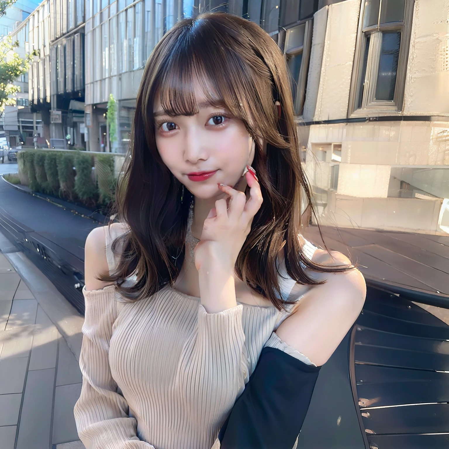 (intricate details:1.3), (best quality:1.2), (masterpiece:1.3), realistic, 8K UHD, High definition, High quality texture, intricate details, detailed texture, finely detailed, high detail, extremely detailed cg, High quality shadow, a realistic representation of the face, beautiful detailed, (high detailed skin, skin details), Detailed beautiful delicate face, face looking to the left, Detailed beautiful delicate eyes, a face of perfect proportion with smile, Film Grain, Depth of field, Cinematic Light, dramatic light, Lens Flare, Ray tracing, perspective, 20s, (photorealistic:1.2),
1girl, bare_shoulders, belt, black_footwear, blurry, blurry_background, bra_strap, breasts, building, coffee, collarbone, cup, day, disposable cup, full body, lips, lipstick, long sleeves, looking at viewer, makeup, off-shoulder shirt, off-shoulder sweater, off shoulder, outdoors, pantyhose, red lips, shirt, short hair, shorts, sitting, smile, solo, stool, striped, striped shirt