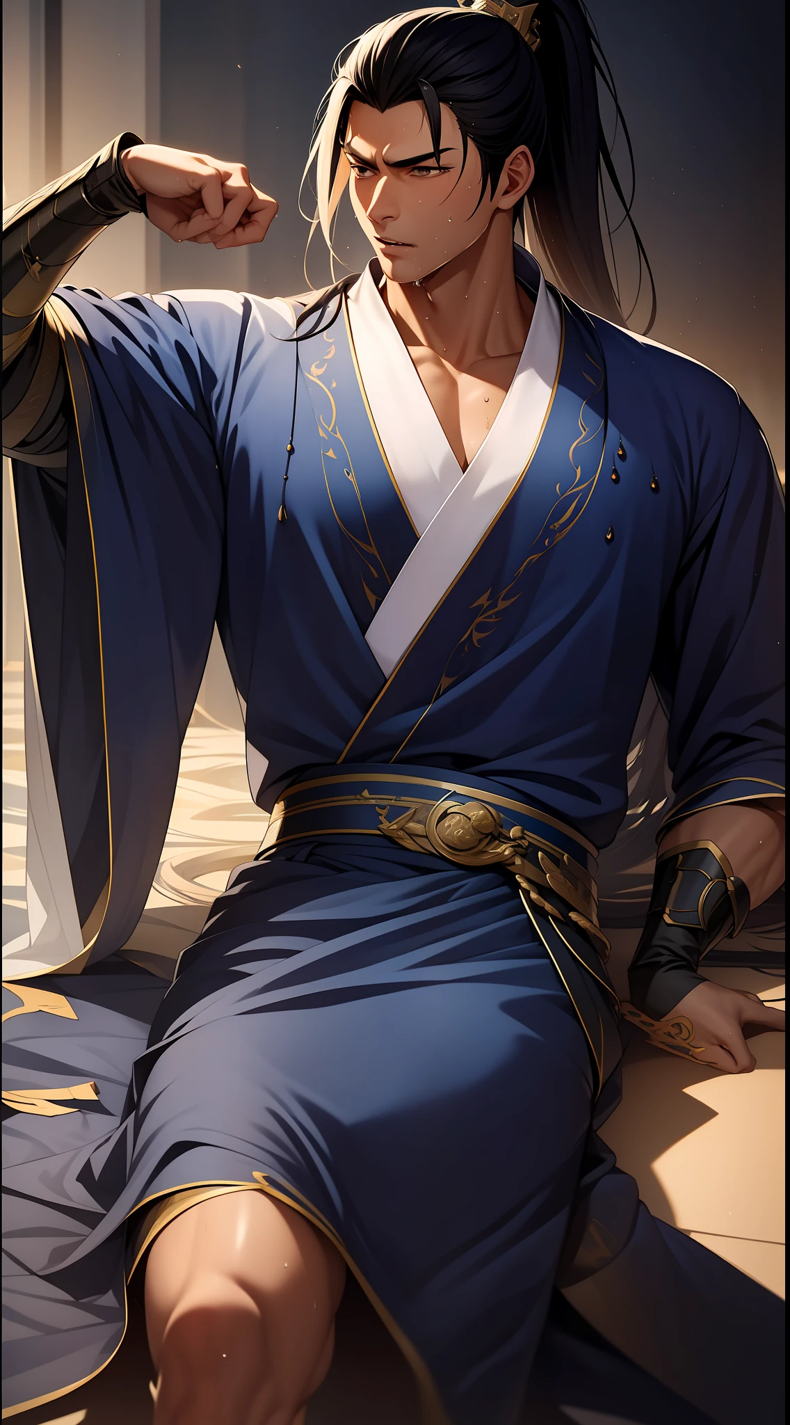 quadratic element,style of anime,mtu(Male Warrior),musculature,The proportions are correct,Face details,swordsmen,High ponytail hairstyle,perspired,Sweat on the face,drools,Neck details,There is an Adam's apple,Get wet,Drenched,Black Hanfu,kaftan,Embroidered robes,Black robe,clothes details,Handing over,longer sleeves,Game quality,Swordsmanship,Light and shadow tracking,Ray traching,detailed glow,cg render,hair detail,cabelos preto e longos,Golden eyes,Sweat on the face,Handsome,Handsome,Beads of sweat slipped down my neck,(juvenile sense),Clothing is complicated,Drenched,Get wet,Perfectcomposition,Refinement,high qulity,higher details,Lots of details,The background is complex,a sense of atmosphere,