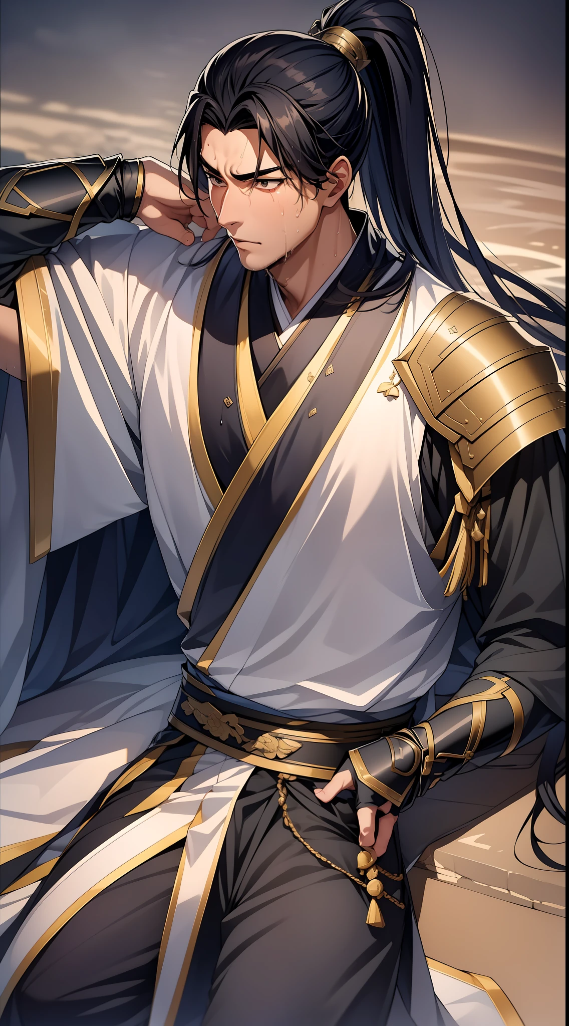 quadratic element,style of anime,mtu(Male Warrior),musculature,The proportions are correct,Face details,swordsmen,High ponytail hairstyle,perspired,Sweat on the face,drools,Neck details,There is an Adam's apple,Get wet,Drenched,Black Hanfu,kaftan,Embroidered robes,Black robe,clothes details,Handing over,longer sleeves,Game quality,Swordsmanship,Light and shadow tracking,Ray traching,detailed glow,cg render,hair detail,cabelos preto e longos,Golden eyes,Sweat on the face,Handsome,Handsome,Beads of sweat slipped down my neck,(juvenile sense),Clothing is complicated,Drenched,Get wet,Perfectcomposition,Refinement,high qulity,higher details,Lots of details,The background is complex,a sense of atmosphere,