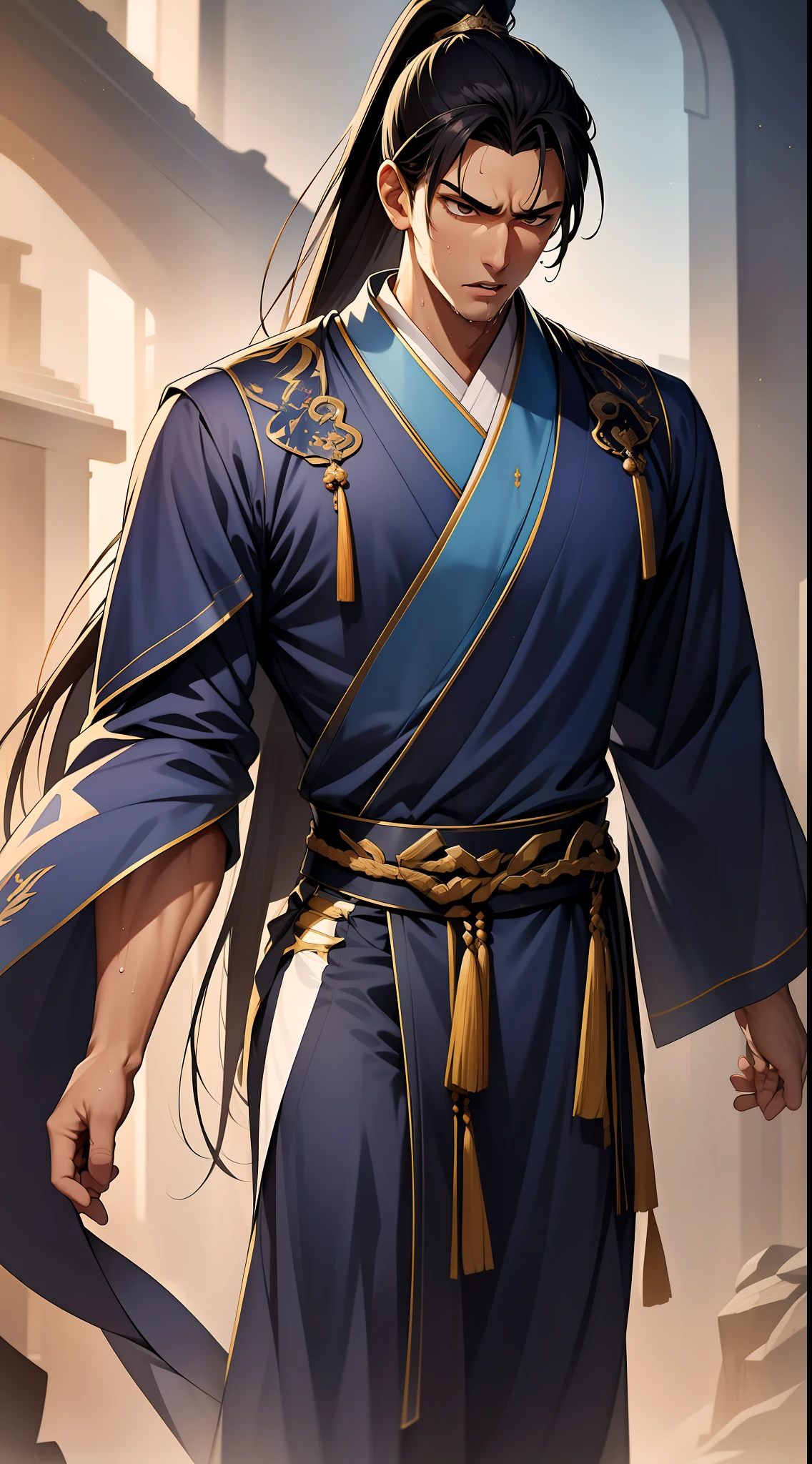 quadratic element，style of anime，mtu（Male Warrior），musculature，The proportions are correct，Face details，swordsmen，High ponytail hairstyle，perspired，Sweat on the face，drools，Neck details，There is an Adam's apple，Get wet，Drenched，Black Hanfu，kaftan，Embroidered robes，Black robe，clothes details，Handing over，longer sleeves，Game quality，Swordsmanship，Light and shadow tracking，Ray traching，detailed glow，cg render，hair detail，cabelos preto e longos，Golden eyes，Sweat on the face，Handsome，Handsome，Beads of sweat slipped down my neck，（juvenile sense），Clothing is complicated，Drenched，Get wet，Perfectcomposition，Refinement，high qulity，higher details，Lots of details，The background is complex，a sense of atmosphere，
