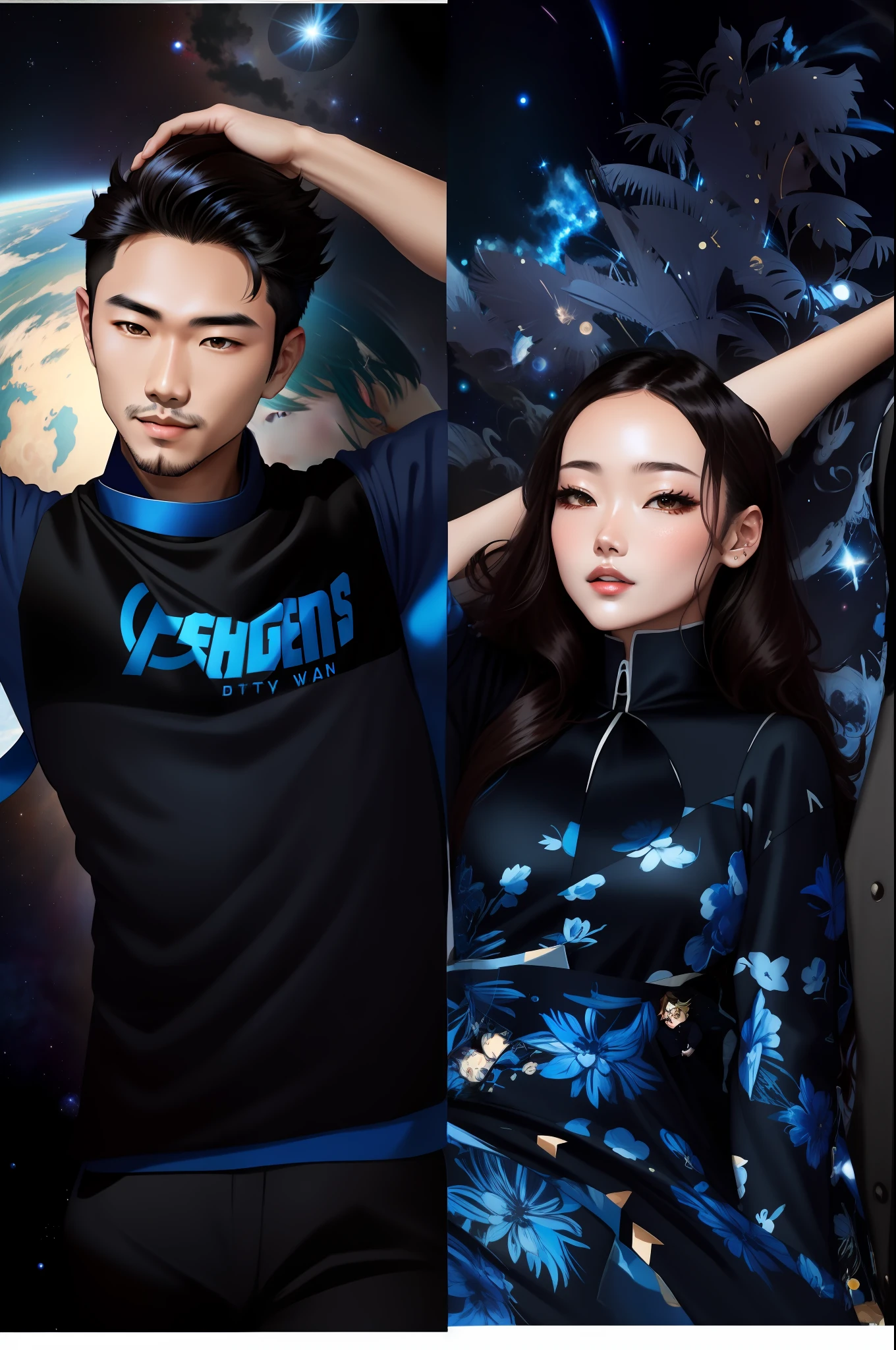 anime style, couple, asian man, man black suit and blue tie, brunette woman, woman in blue dress, cute blue dress, space, stars, planets
