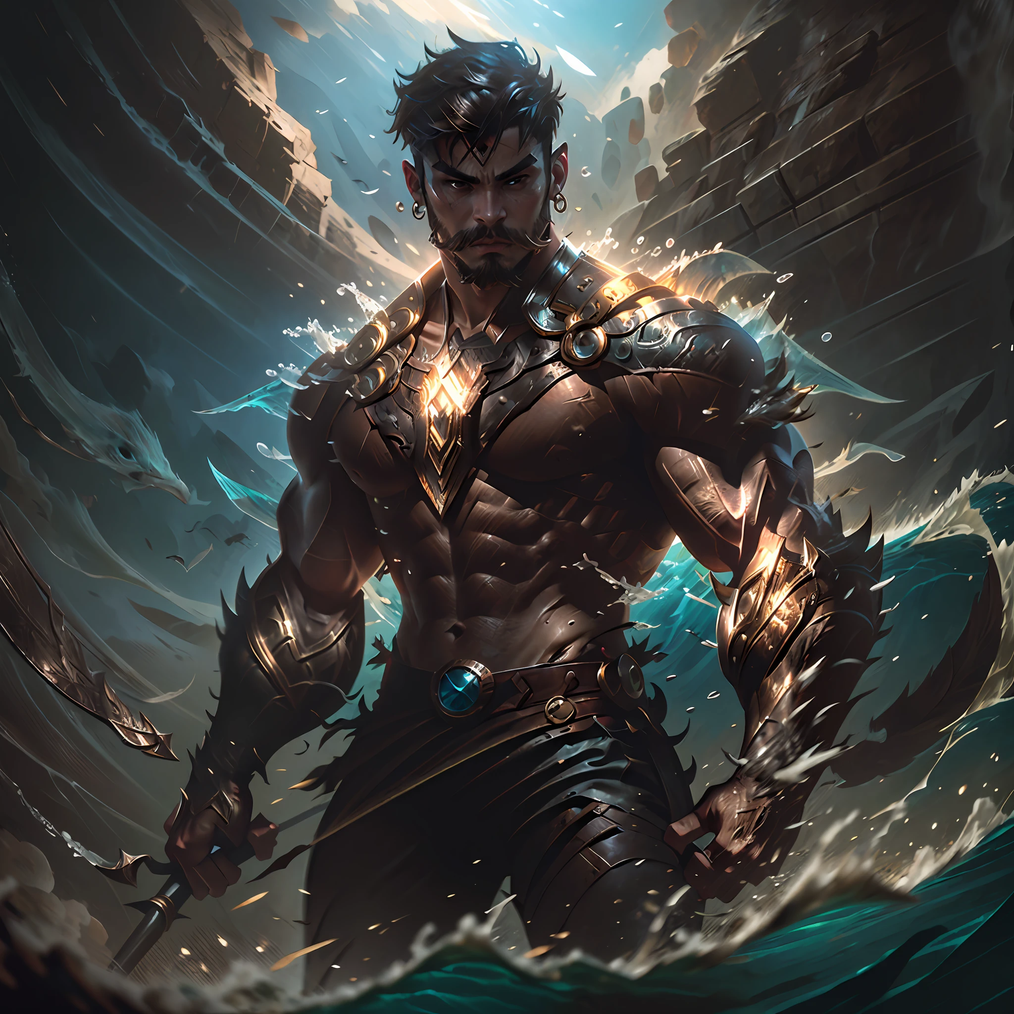 (Marvel Style) Latin boy with light brown skin, very short hair and small earrings ring in the ears, thick mustache and thin beard. Wearing assassin warrior clothes, holding a large spear. In a huge lake with Blades made of water in the background, and some sharks made of water