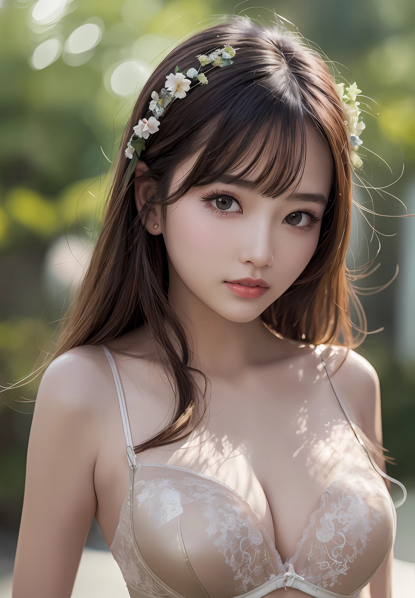 best、masterpiece、An ultra-high picture quality、lifelike、GIRL、(Beauty Face 1.4)、(Medium milk、Constricted waist)、Bokeh、Micron、Glossy skin、Head、brassiere、
