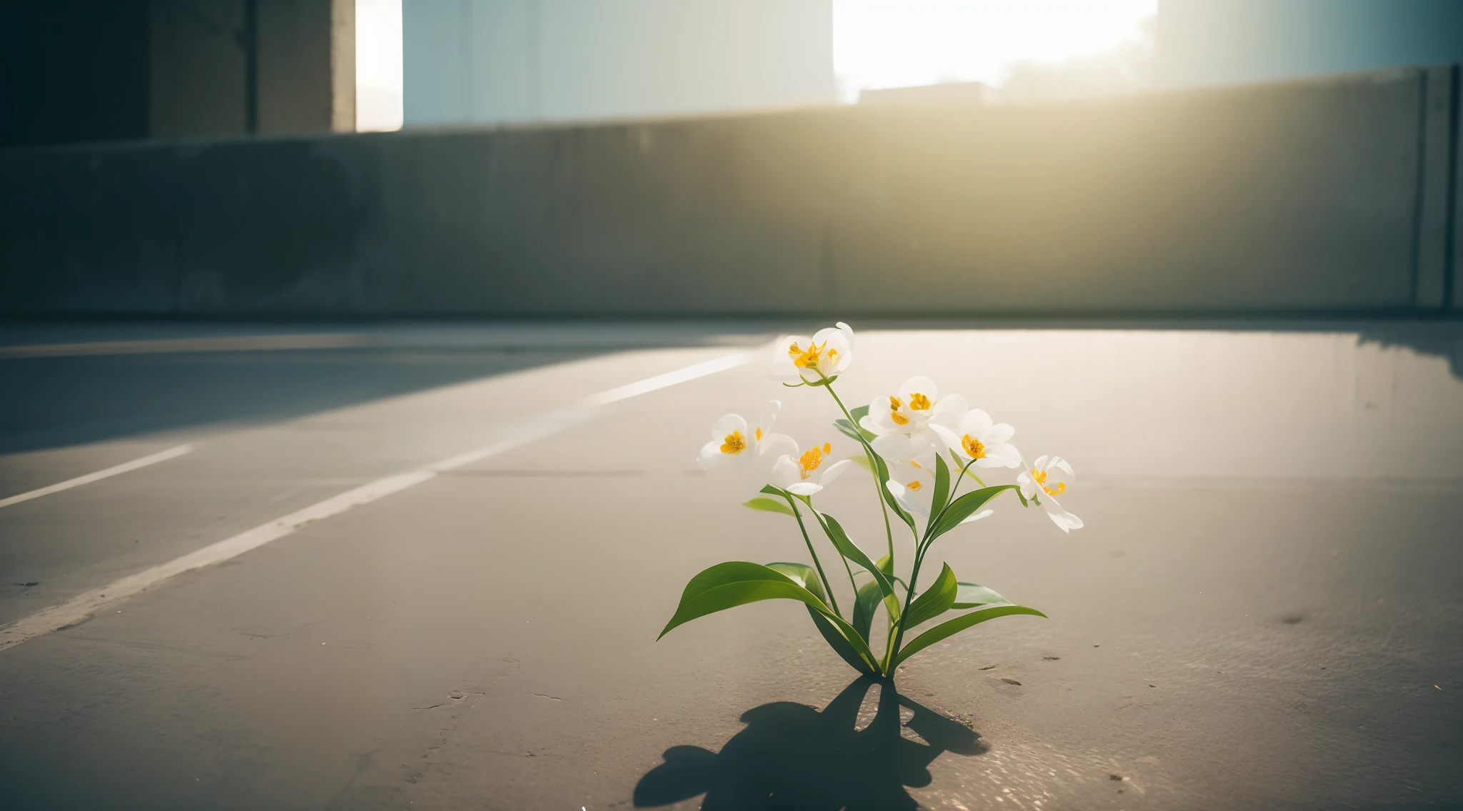 florals, Flowers blooming through a gap in concrete, Shots from very close distances, Cinematic lighting, Photorealistic, 32K, diffuse reflection, colorful shiny particles, Lens Flare, Soft lighting