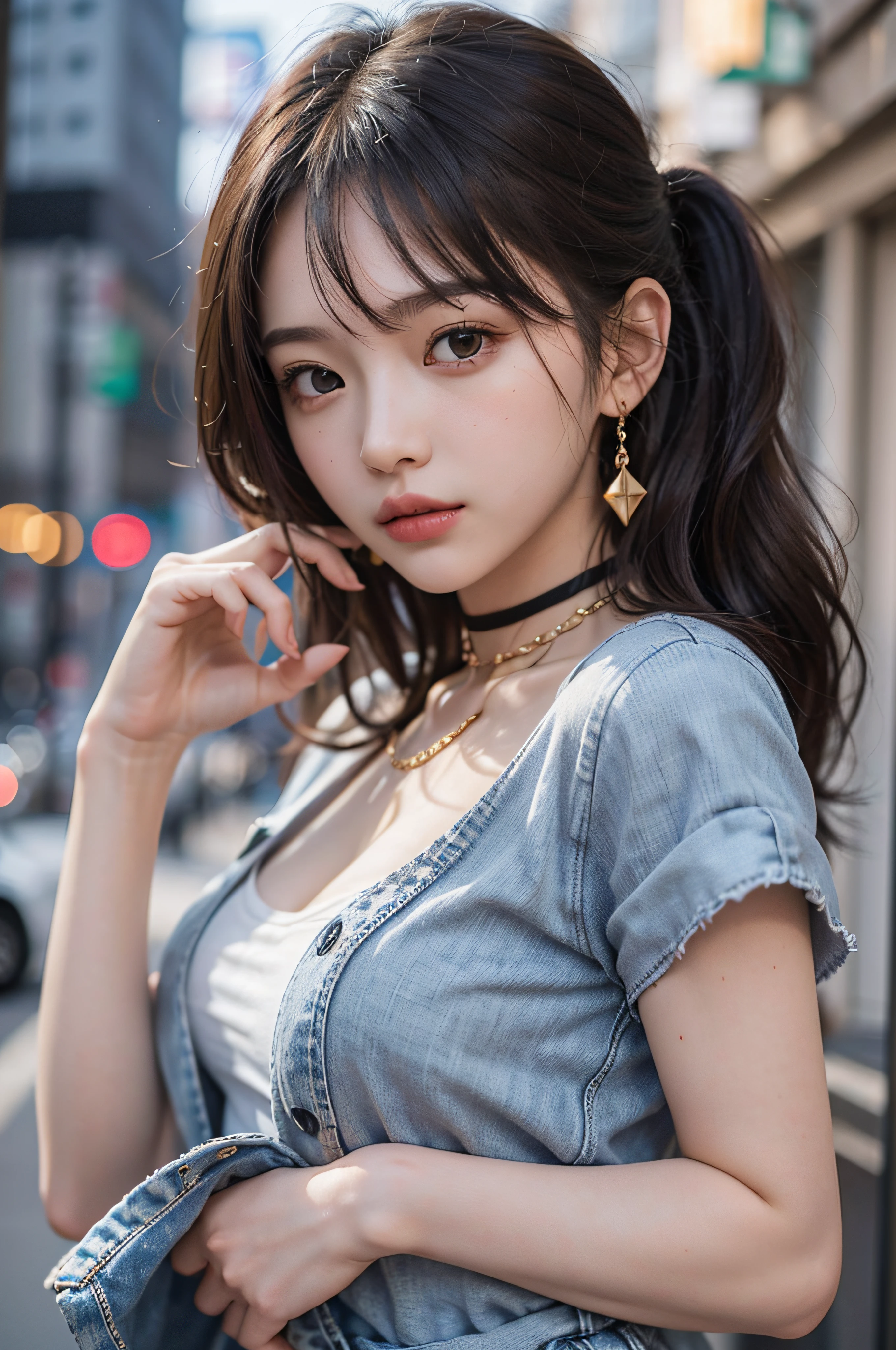Best Quality Detail:1.2, realisitic, 8K UHD, hight resolution, 1girl in:1.2, The ultra-detailliert, High quality textures, intricate detailes, detaileds, Very detailed CG, High quality shadows, Detail Beautiful delicate face, Detail Beautiful delicate eyes, depth of fields, Ray traching, in her 20s, Pretty Kpop Girl, Korean Urzan Face:1.1, Slender face, ulzzang -6500-v1.1:0.6, pureerosface_v1, gloweyes, teak, Glossy lips, perfectbody, a choker、cleavage of the breast、 Brown hair、poneyTail:1.1, Street, Particle, look at viewr, Photorealsitic:1.4, ultra-detailliert, photos realistic, 4K 8K UHD Full Color RAW Photos, Fuji Film(Medium format:1.2), Hasselblad:1.2, Carl zeiss:1.1, Incredible dynamic range photography(UTIL_Art by Smoose-768:1.1), hight resolution, High pixel count, clear details, crisp image, Natural color reproduction, Noise Reduction, High fidelity, qulity, Software Improvements, Upscaling, Optimized algorithms, Pro-level retouching、((Shibuya, tokyo prefecture))、On the way to shopping、((Fashionable clothes with a very high design))、shoe:White sneakers
feature:White sneakers with a simple design。
material:Synthetic leather or canvas material。
Shape design:Styles that cover the ankles with a low cut。
Bottoms:High waist denim jeans
feature:Denim jeans with a raised waist design。
material:Denim fabric with stretch。
Shape design:Skinny fit or straight cut。
Tops:Basic white T-shirt
feature:Simple plain white t-shirt。
material:Soft cotton or polyester fabric。
Shape design:Classic styles such as crew neck and V-neck。
outer:Lightweight Denim Jacket
feature:Thin and light denim jacket。
material:Denim or denim-inspired synthetics。
Shape design:Classic denim jacket style。
accessorized:Gold Chain Necklace
feature:Fine gold chain necklace。
material:Gold plating and alloy materials。
Shape design:Simple and feminine design。
bags:Mini Shoulder Bag
feature:Small shoulder type bag。
material:razor、Synthetic leather、or canvas material。
Shape design:Simple details in a compact design。
hair style:Half Up Ponytail
feature:Close-up hairstyle with bangs and hair around face。
Shape design:lightly fluff the top、Loosely tied to the ponytail at the back。
make - up:Natural makeup
feature:Natural base makeup close to skin tone。
Point:light eye shadow、mascara、With lip balm、Make a natural impression。