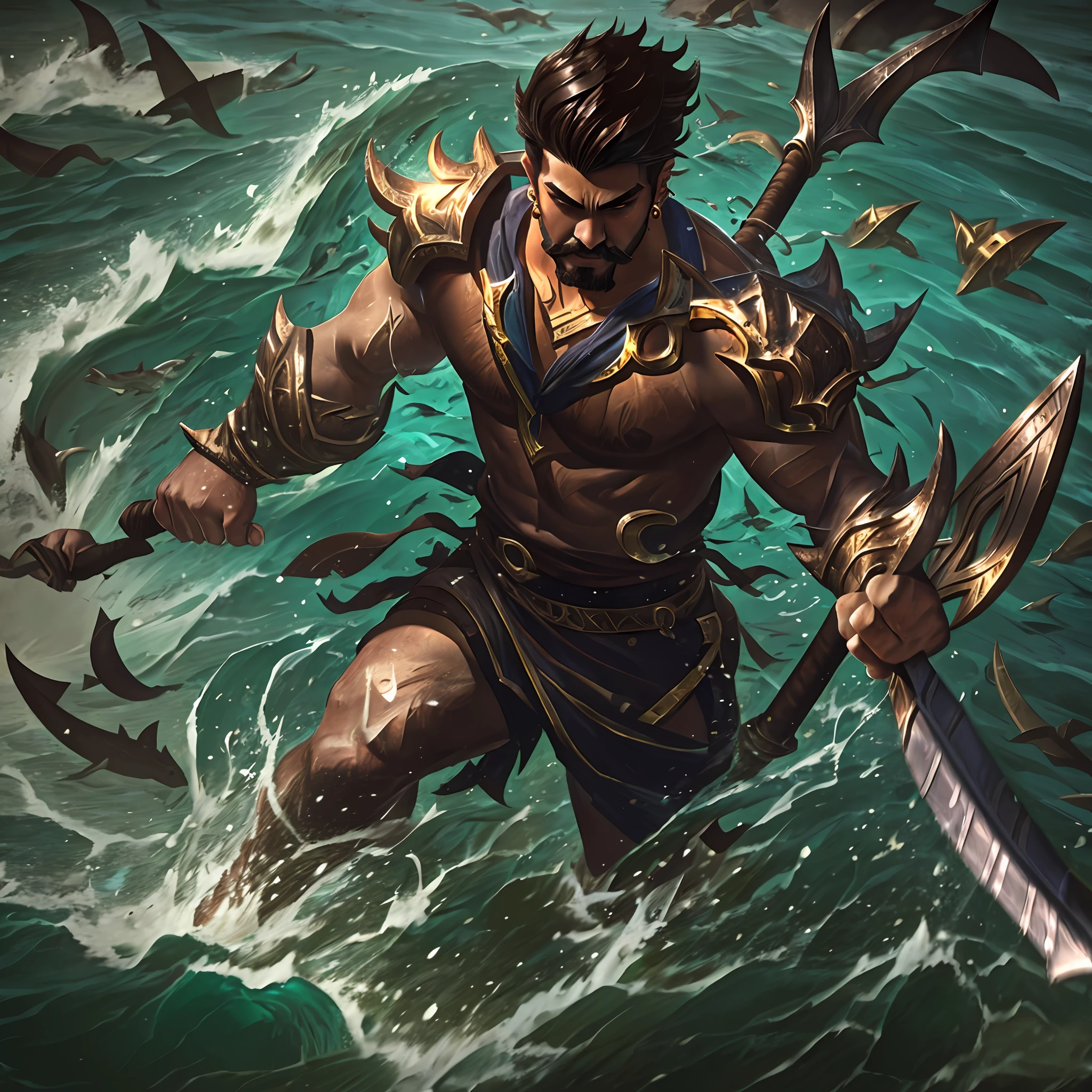 ( League of legends style ) Latin boy with light brown skin, very short hair and small earrings ring in the ears, thick mustache and thin beard. Wearing assassin warrior clothes, holding a large spear. In a huge lake with Blades made of water in the background, and some sharks made of water