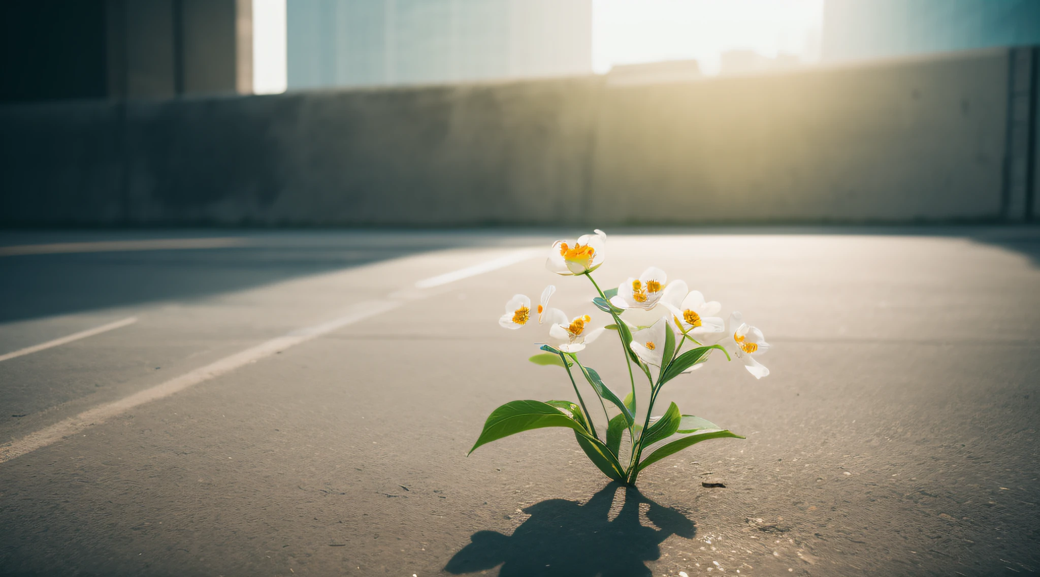 florals, Flowers blooming through a gap in concrete, Shots from very close distances, Cinematic lighting, Photorealistic, 32K, diffuse reflection, colorful shiny particles, Lens Flare, Soft lighting