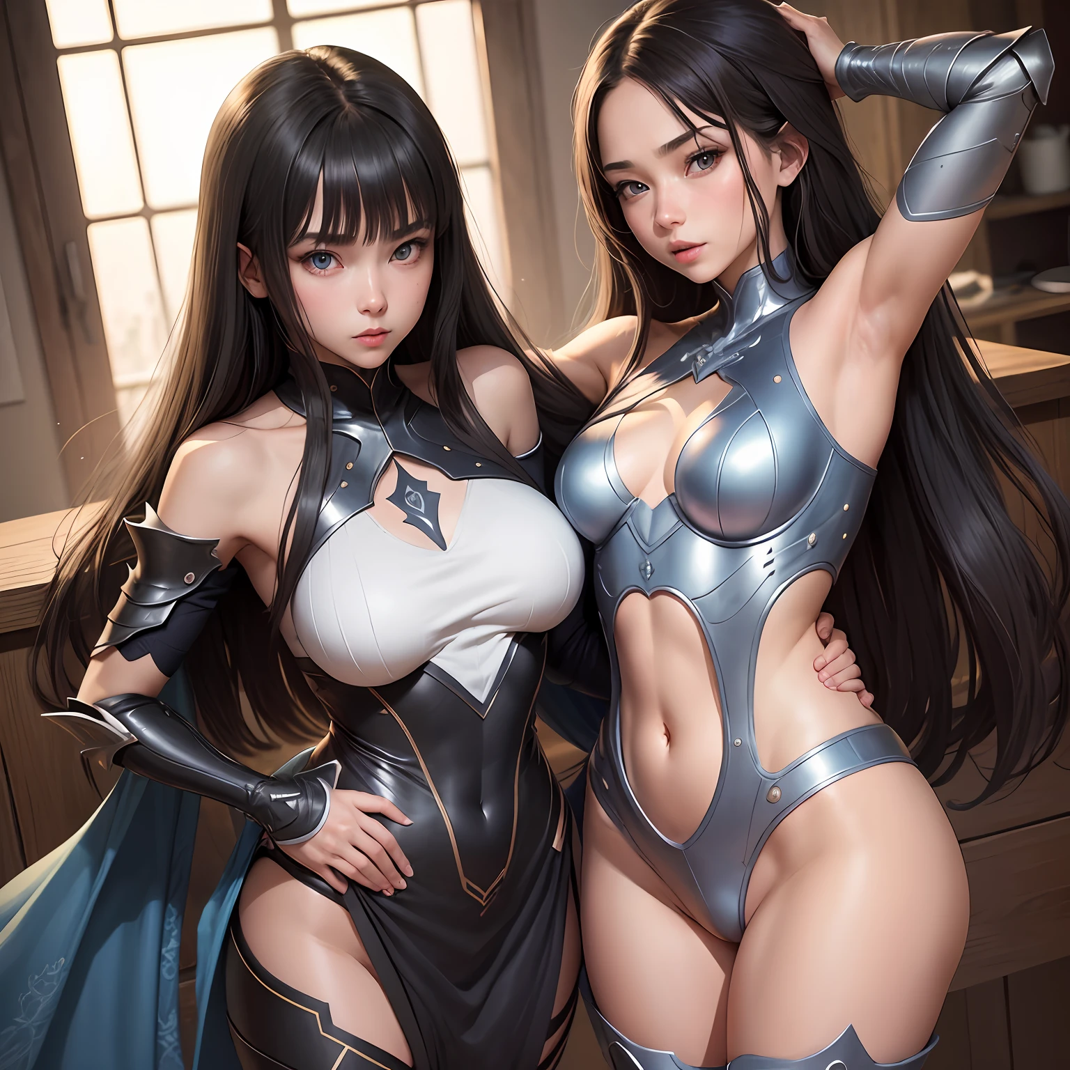 Woman knight、s girl、Reticulated clothing、Clothing that follows the lines of the body、blue eyess、Slender body、Glossy shoulders、thin lips、sharp eye、Dark hair、length hair、hairarmpits、flank、exposed abdomen、Exposed legs、Beautiful and detailed legs、Thin leg、skinny body、T back、sexy armor、Revealing clothing、Tickle the sides of other girls、Tickling someone else's armpits