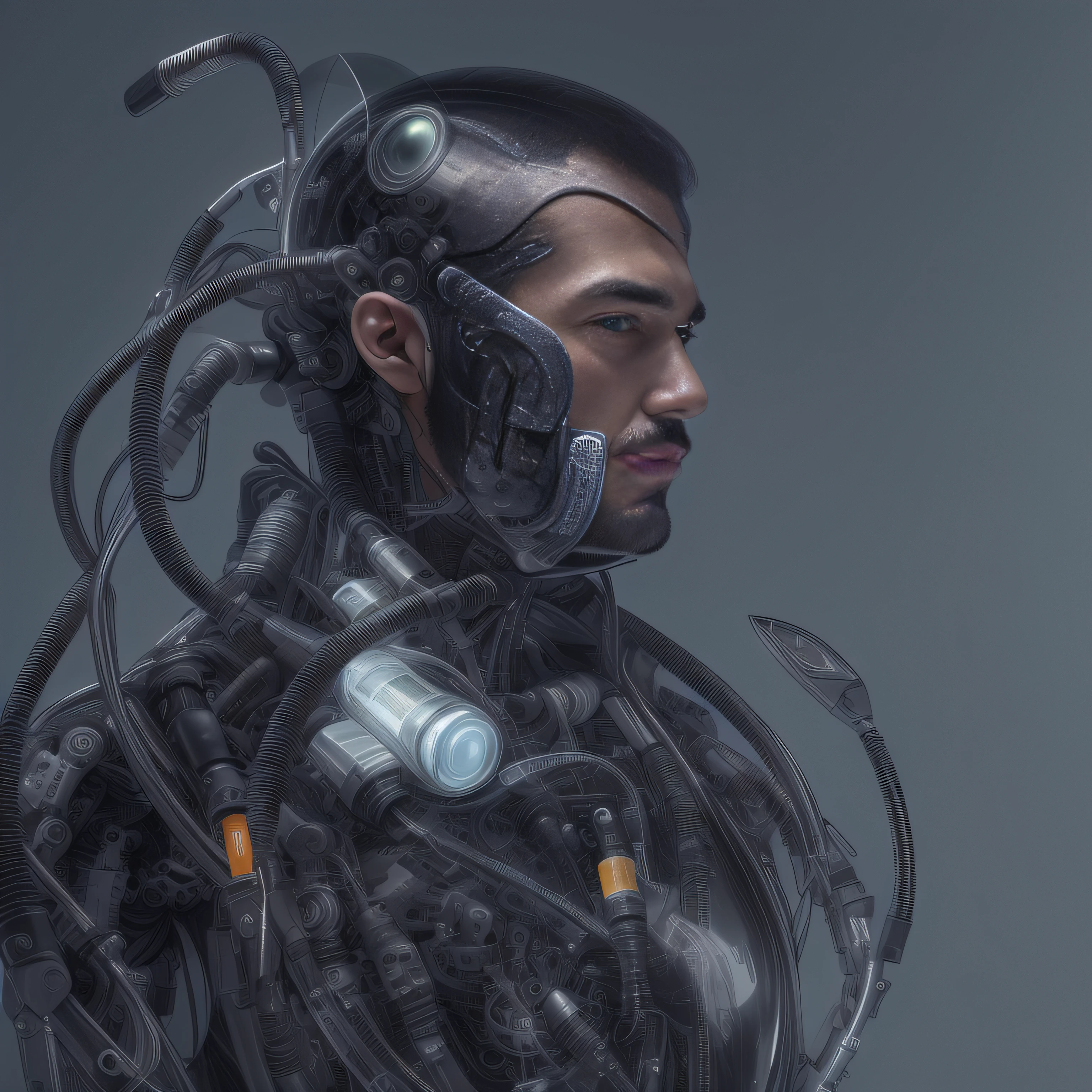 (Alfid man wearing black transparent latex tongs，Translucent latex pliers：1.5)，（Metallic body, bionic scifi alexandre ferra, cyborg neck, cyborg male, male cyborg, cyborg fashion model, portrait of a cyborg, detailed portrait of a cyborg, cybernetic neck implant, portrait of a futuristic robot ：1.3）（dystopian sci-fi character, sci - fi character, portrait of a cyberpunk cyborg：1.2）（8K，Extreme detail，Hair in extreme detail，Ultra photo realsisim，cinmatic lighting：1.1）（Asian supermodel face，Strong muscles and perfectly curved body，Extreme sexual tension，Hormonal explosion，whole body display：1.5）（Short hair, Light-colored beard, Stubble masculinity，Naked muscle man，Muscular macho，No clothes on，Only a pair of thongs was worn，Extremely sexy and provocative：1.5)