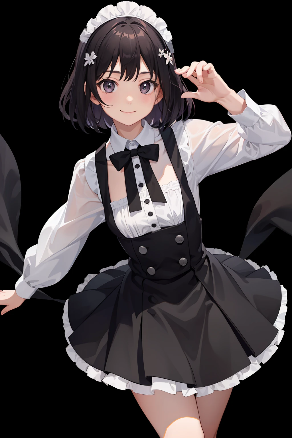 1girl in、A smile、A delightful、skirt by the、(small tits)Chilarism、doress、pinafore,,,,,,、Maids,,,,,,,,、A dark-haired、hair adornments、movement、