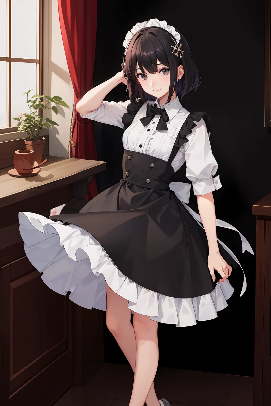 1girl in、A smile、A delightful、skirt by the、(small tits)Chilarism、doress、pinafore,,,,,,、Maids,,,,,,,,、A dark-haired、hair adornments、movement、