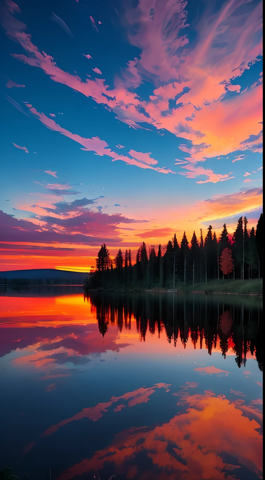 there is a beautiful sunset with a lake and trees in the background, colorful skies, surreal colors, colorful sunset, colorful sky, marvellous reflection of the sky, stunning sky, dream like atmosphere 8k, colorful clouds, colors reflecting on lake, surreal sky, red and blue reflections, fire reflection, beautiful sky, beautiful and spectacular dusk, beautiful dreamy landscape, amazing sky