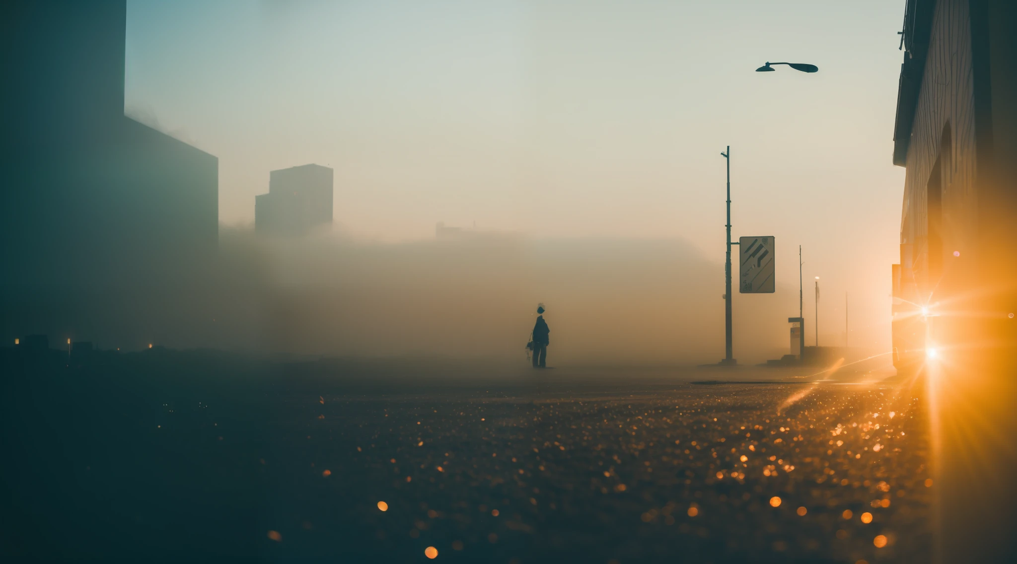 Streets of Tokyo, The rising sun, Blue very thick fog, sony a7, Film grain, Cinematic lighting, Photorealistic, 32K, diffuse reflection, colorful shiny particles, Lens Flare, Soft lighting