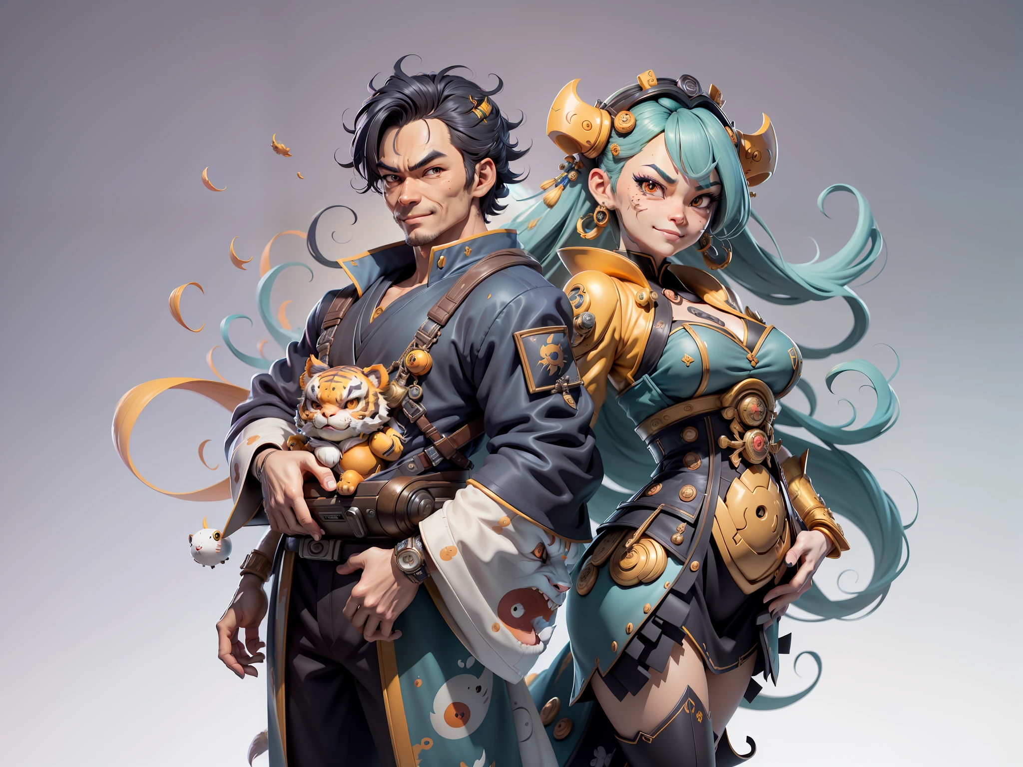 (Masterpiece), (Excellent), (Super Meticulous), (Full Body: 1.2), Super Young Man with Japanese Female Geisha, Beauty, Chinese Dragon, Tiger, Wind God Thor, Sexy, Bursting, Oriental Face, TV Anchor, Bust Portrait Illustration, Black Suit, Blue Tie, Slightly Chubby, Very Clean Face, No Beard, Black Super Short Hair, Black Eyes, Confident Smile, 3c Computer Sub-Products, iPad, iPhone, Digital Painting, 3D Character Design by Mark Claireden and Pixar and Hayao Miyazaki and Akira Toriyama, The illustration is a high-definition illustration in 4K resolution with very detailed facial features and cartoon-style visuals.
