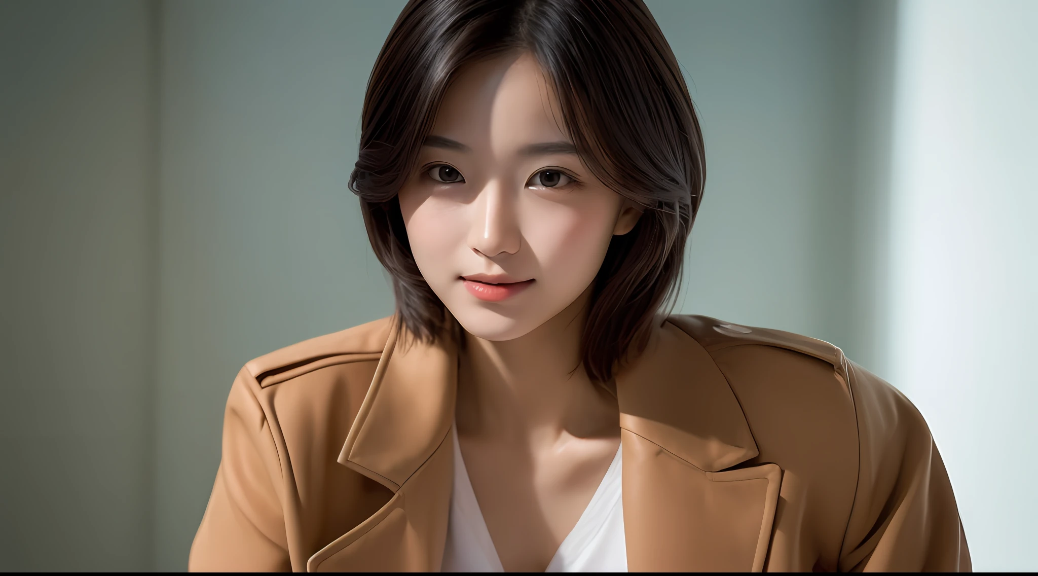 1 girl, light smile, mullet cut,red bra, open blazer, beautiful Japanese girl, BREAK,(best quality, masterpiece:1.2),shoot the (high detailed skin:1.2), 8k uhd, dslr, low key, high quality, film grain, Fujifilm XT3, lighting glow effect, no retouching,raw photo-realistic, skin texture is very detail, no makeup,